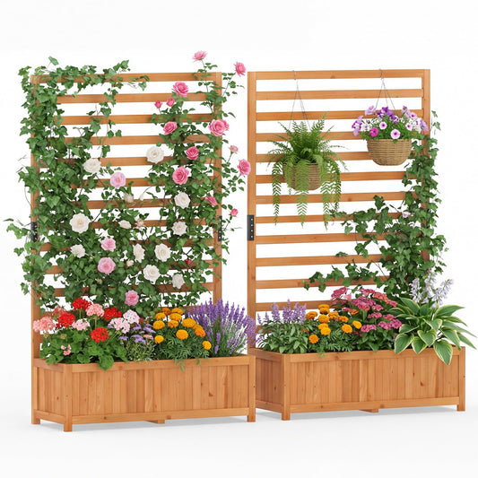 Giantex Set of 2 Raised Garden Bed with Trellis, 59” Tall Planter Box with Liner, Drainage Gaps for Climbing Vine Vegetable Flower, Indoor Outdoor Freestanding Privacy Screen for Porch Patio Yard