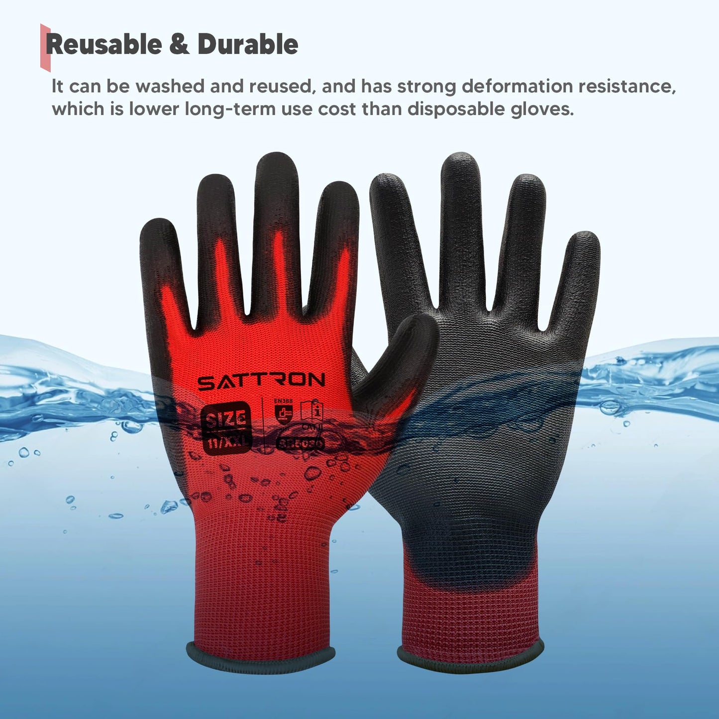 SATTRON Safety Work Gloves PU Coated, 12 Pairs Seamless Knit Gloves with Polyurethane Coating Working Gloves Excellent Grip for Men & Women, Breathable, Ideal for General Duty Work DIY (Red, Small)