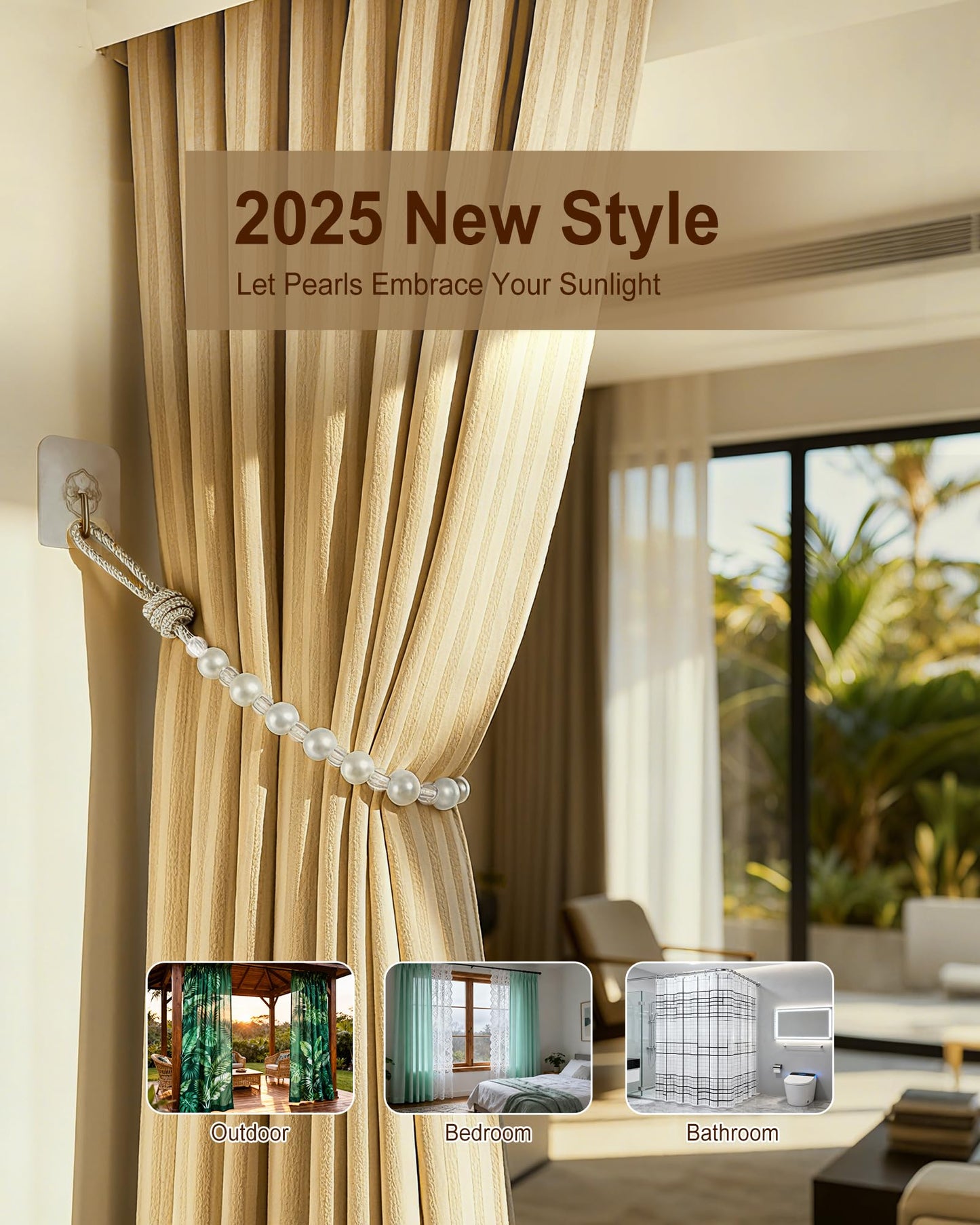 HOUOGROEM 1 Pack Curtain Tiebacks - Pearl Bead Curtain Holdbacks Wall Mounted with Hooks Tie Backs for Bedroom Decor Home Outdoor Office Beige