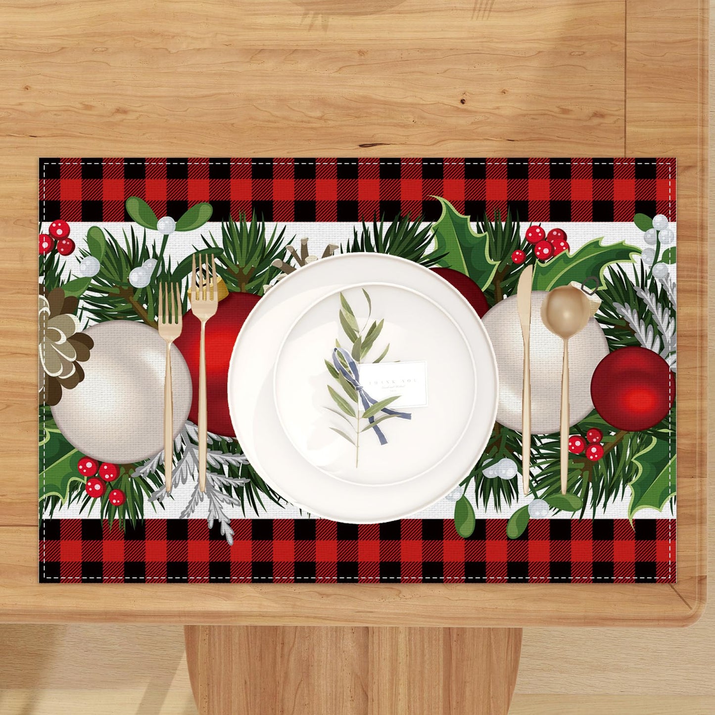 Linen Red and Black Buffalo Check Plaid Christmas Placemats Set of 4 Farmhouse Winter Christmas Xmas Holiday Home Kitchen Table Decorations