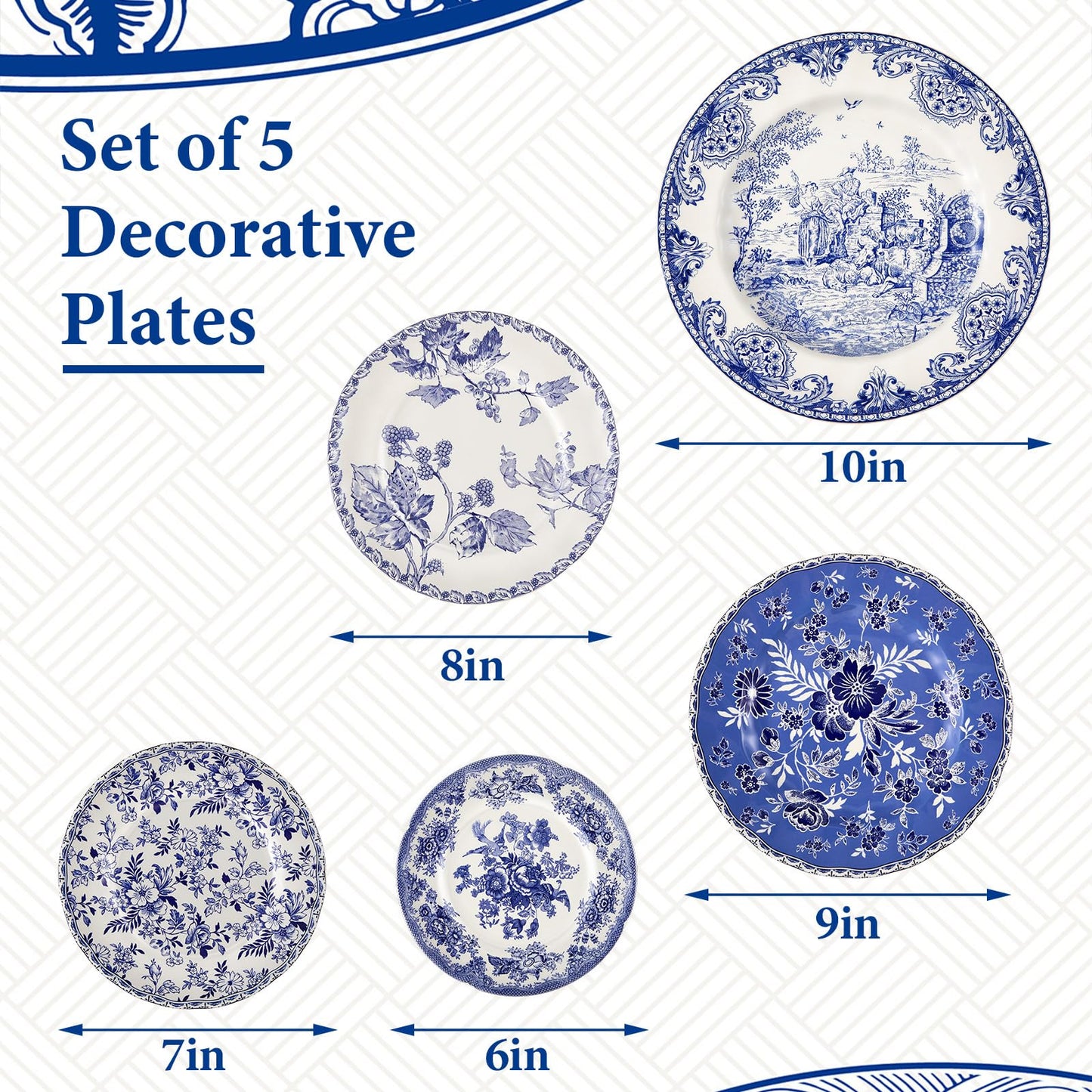 Yiyiring Holland Wall Sculpture Plates for Wall, Ceramic Vintage Blue and White Plates Set, Vintage Gifts, Display Home Bedroom Office Art Ornament(5 Pcs,Flowers)