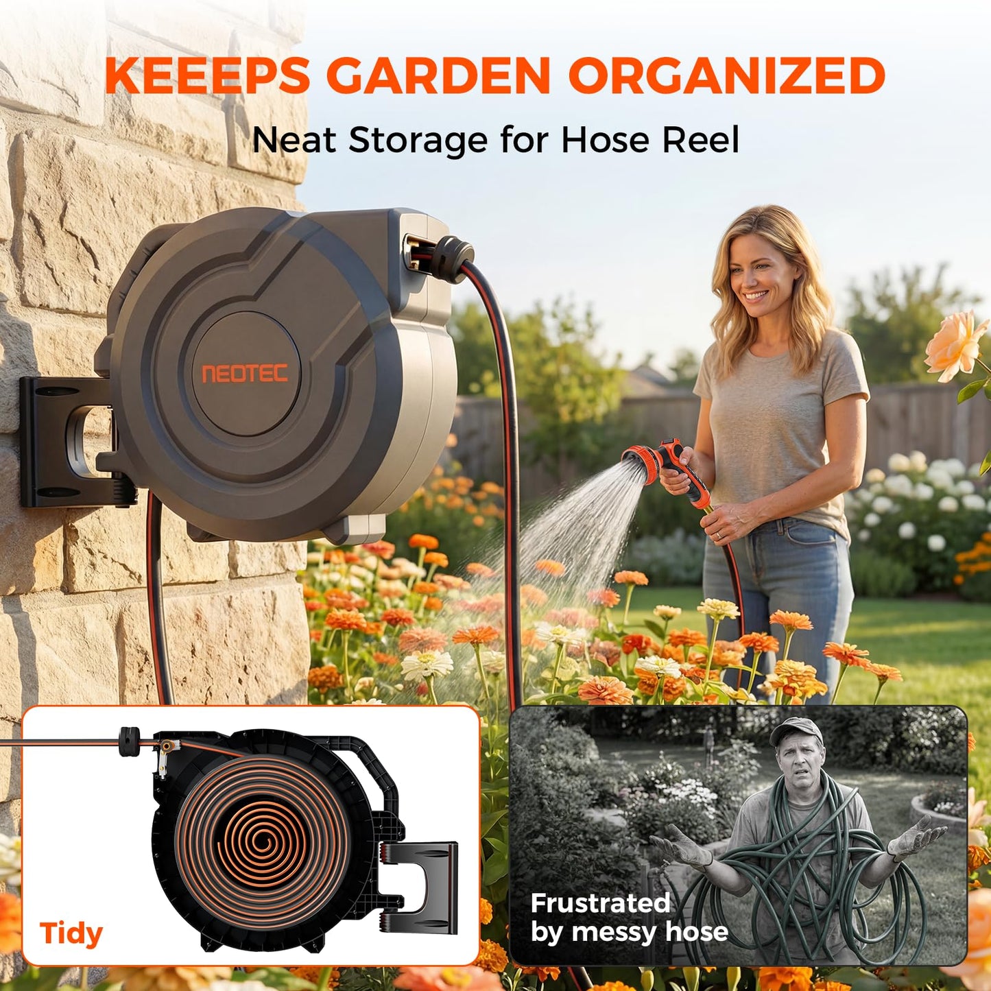 Upgraded Retractable Garden Hose Reel 5/8 inch x 100 ft 9 Pattern Nozzle Wall-Mounted Any Length Lock Automatic Slow Return 180° Swivel UV Resistant Heavy Duty Hose Reels for Outside