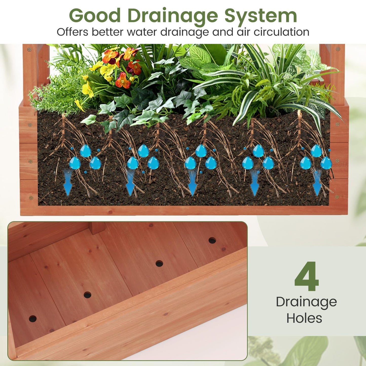 Giantex Raised Garden Bed with 2-Sided Trellis & Hanging Roof, Fir Wood Planter Box w/Drainage Holes, Freestanding Garden Planter for Flowers Herbs Climbing Vines (43"x15"x45")
