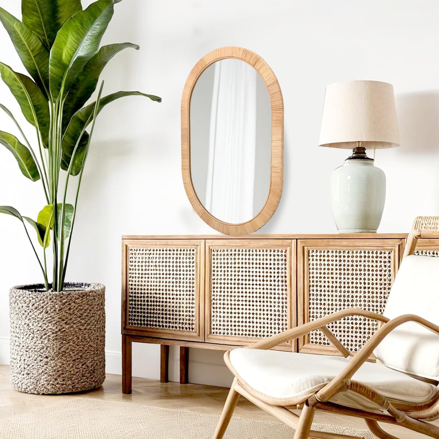FUIN Handcrafted Rattan Oval Wall Mirror 20x30 – Natural Woven Wicker Frame for Boho Living Room & Entryway – High-Definition Shatter-Resistant Mirror – Vertical or Horizontal Biophilic Home Decor