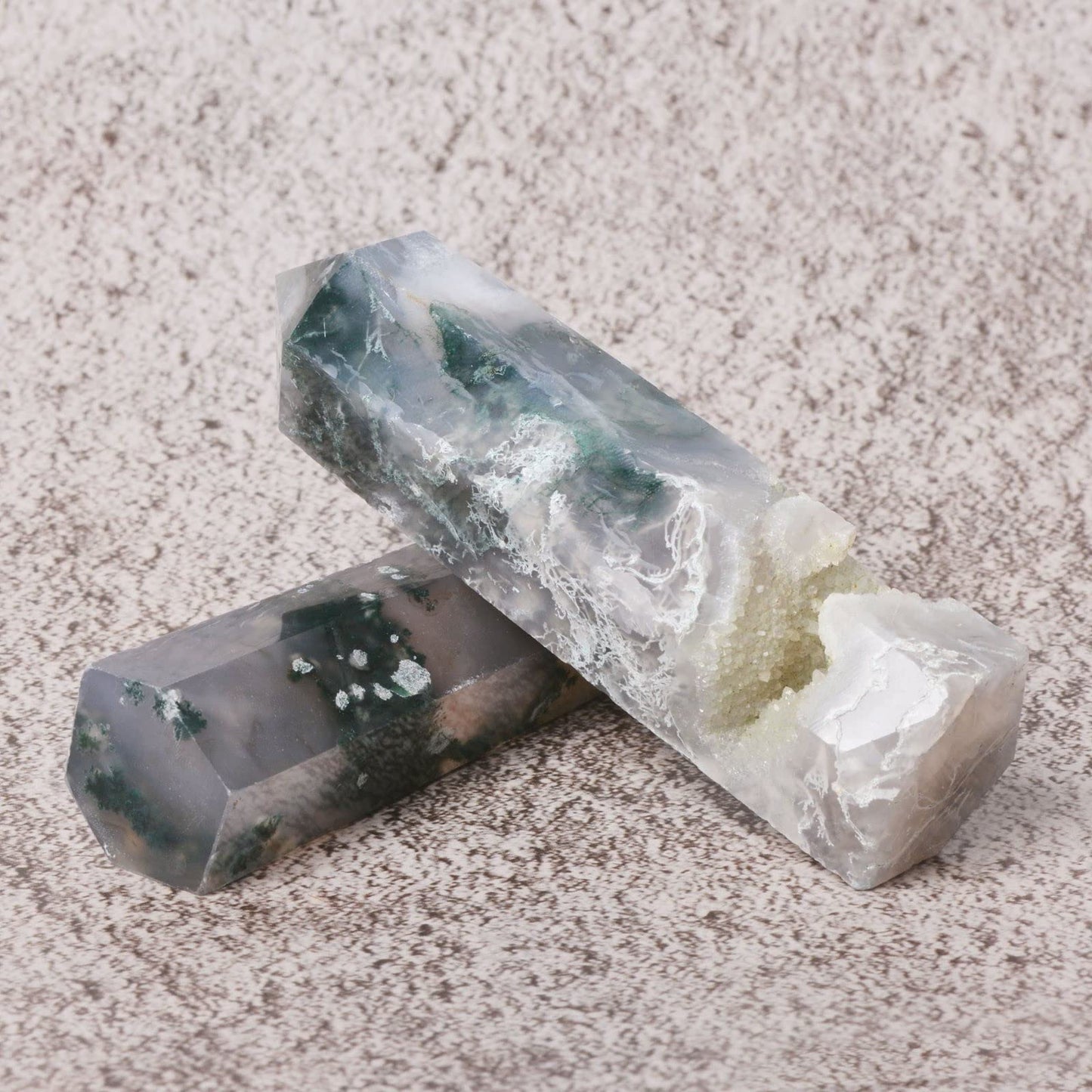 Large Moss Agate Crystal Tower Healing Crystal Wand For Spiritual Use Hexagonal Point Reiki Chakra Gemstone Home Decor