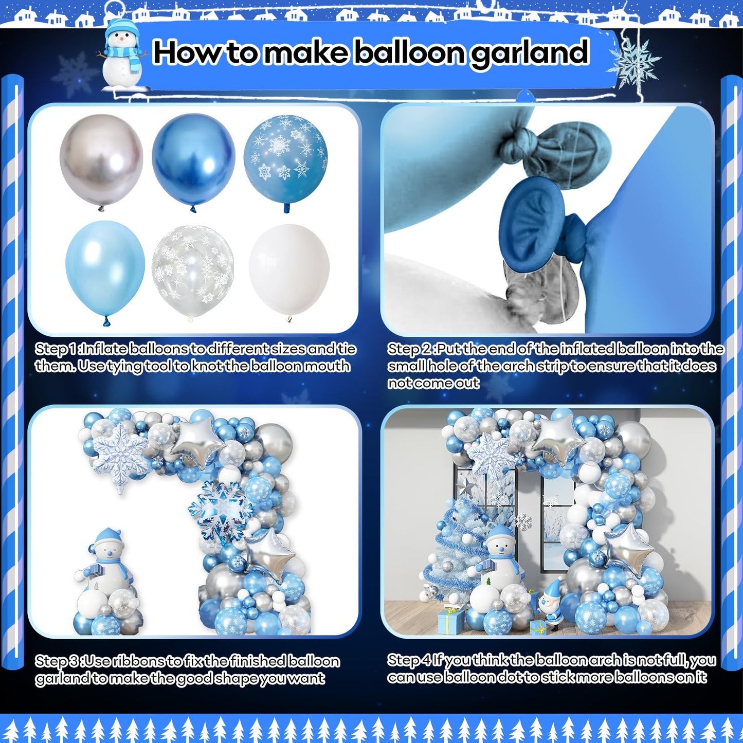 Jobkoo Snowflake Balloon Garland Arch Kit Winter Snowflake Balloons with Silver Blue White Snow Confetti Latex Balloon for Winter Wonderland Christmas Baby Shower Princess Birthday Party Decor