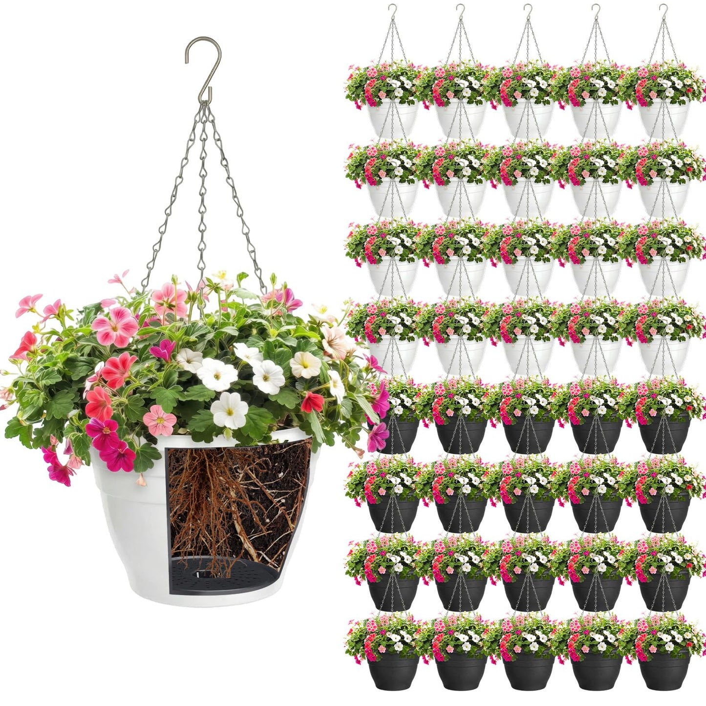 Romooa 40 Pcs 10 Inch Plastic Self Watering Hanging Planters Bulk Hanging Baskets for Plants Indoor Outdoor with Drainage Holes and Chain Plant Pot for Garden, Balcony, Porch, Patio Decor