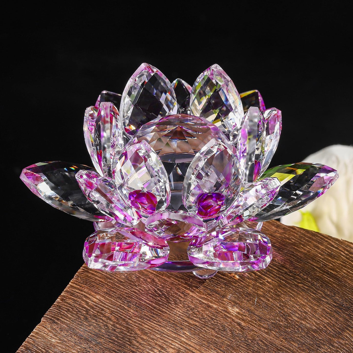 TENGFENG Sparkle Crystal Lotus Flower - 4'' Hue Reflection Clear Crystal Lotus for Feng Shui Home Decor Sun Catcher Ornaments or Paper Weight with Gift Box (100MM) Transparent Purple
