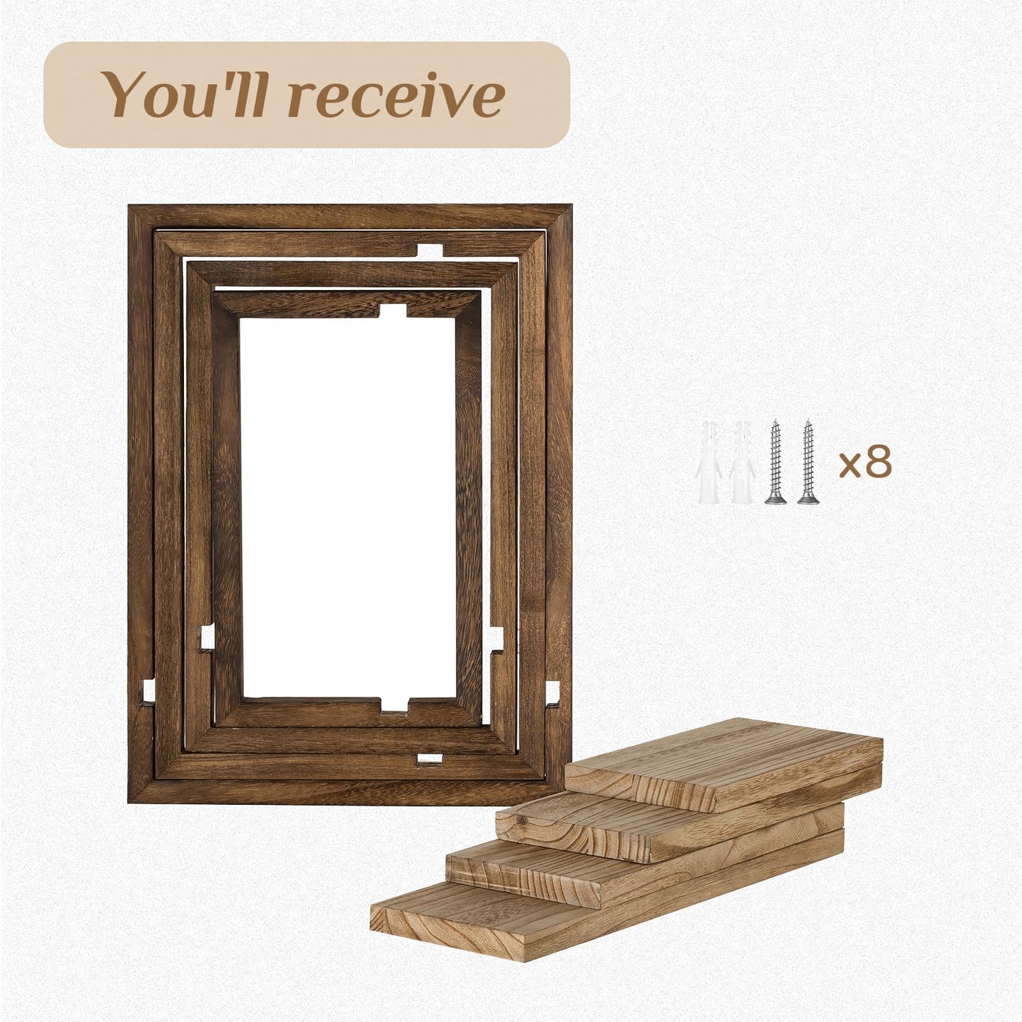 Walasis 4-Piece Wood Wall Shelves for Bedroom Farmhouse - Rustic Floating Shelf Decorative Storage Shelving Wall Mounted Decor with Frame for Living Room