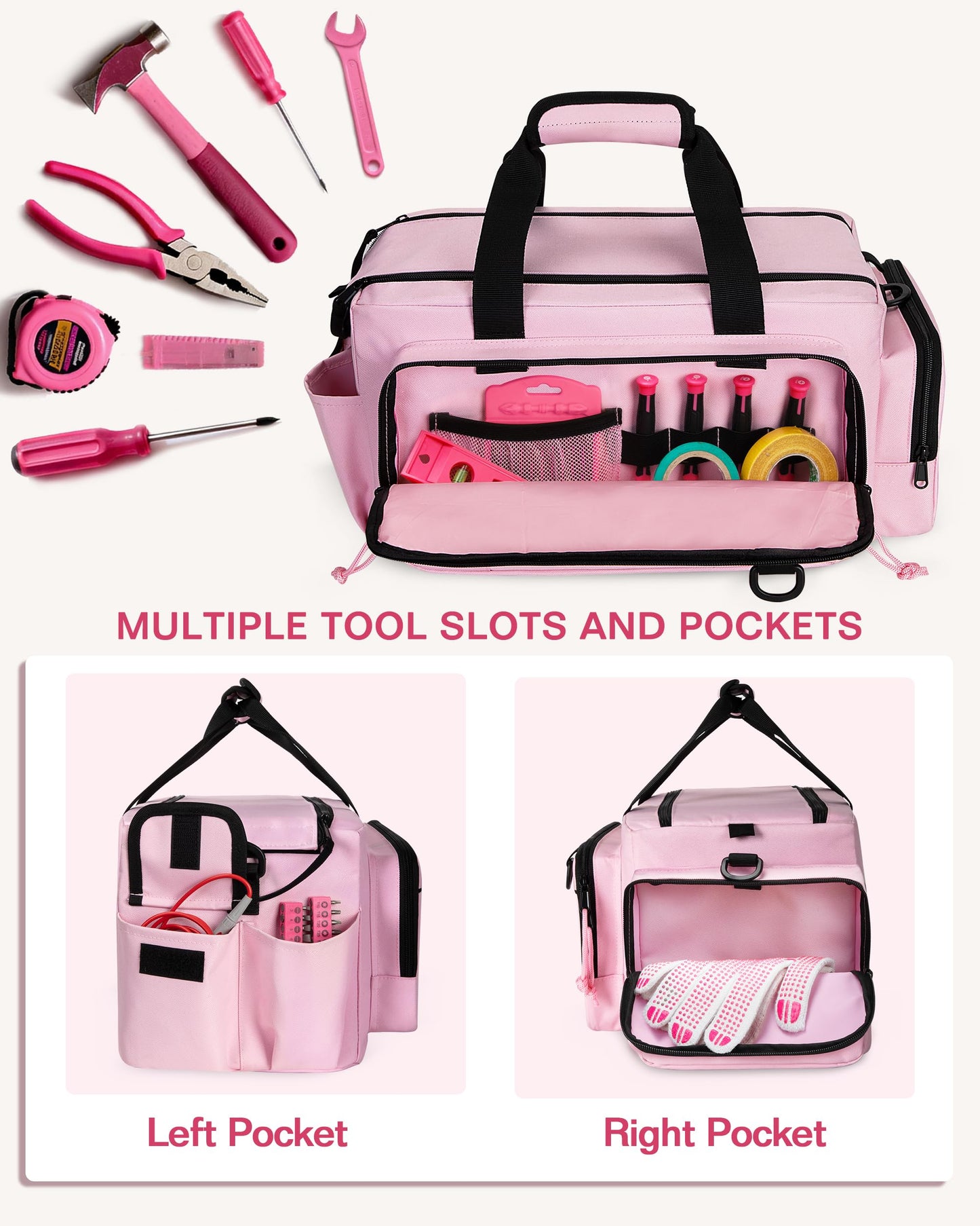Trahzia Tactical Tool Bag for Women, 16 Inches Tool Storage Organizer Box with Wide Mouth, Large Toolbag Toolbox with Handle, Pink (Empty Bag Only)