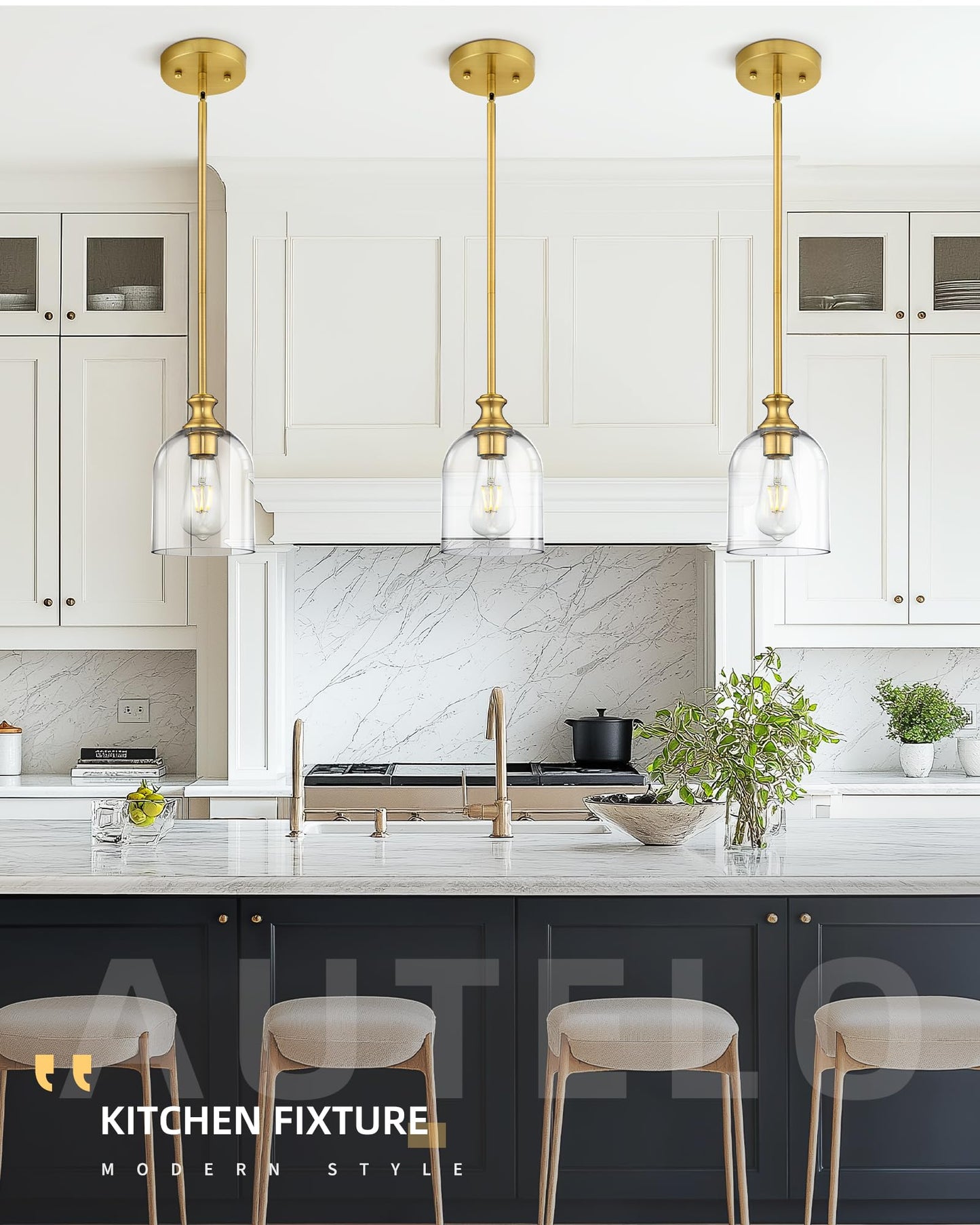 Autelo Gold Pendant Lights, 1-Light Pendant Lights Kitchen Island in Brushed Gold Finish with Clear Cylinder Glass, Vintage Pendant Light Fixtures, Vintage Hanging Lights for Kitchen Island H2511 CLBG