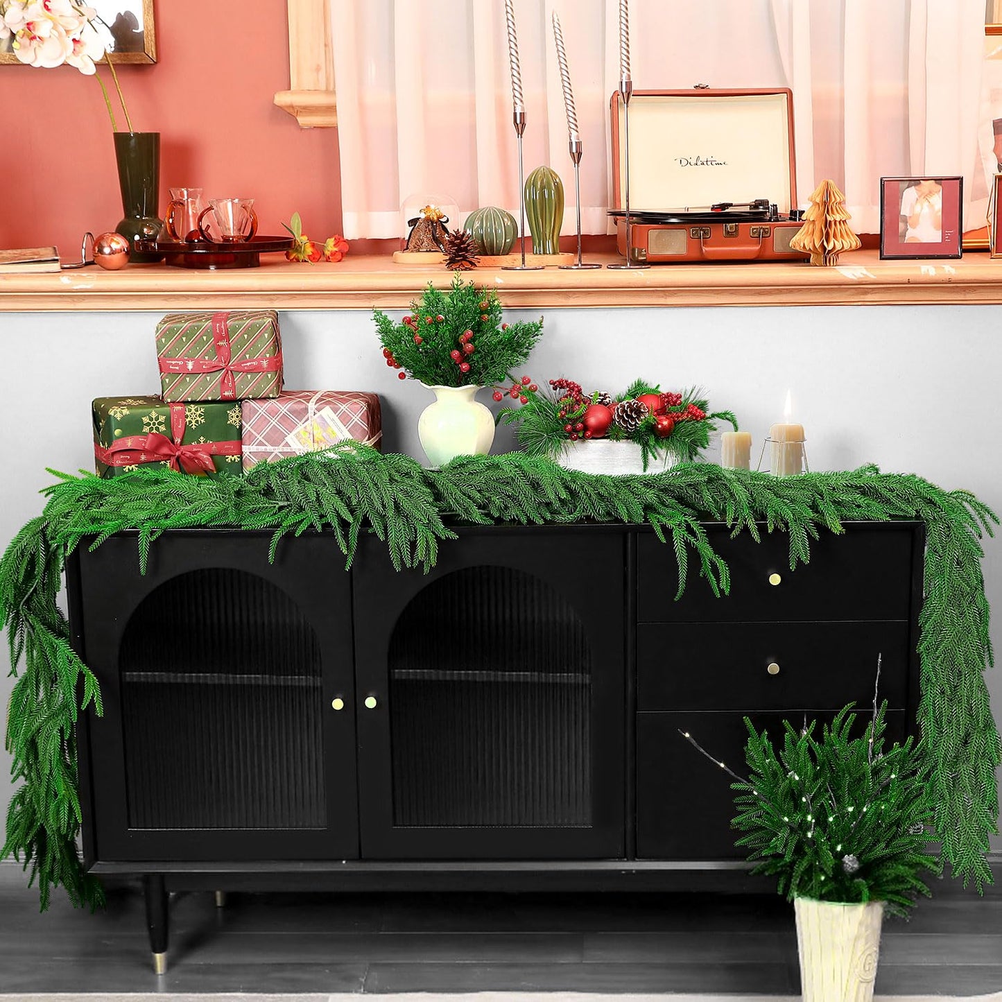6 Ft 2 Pcs Artificial Norfolk Pine Garland, Real Touch Green Faux Greenery Garland for Christmas Table, Mantle, Wall, Fireplace, Indoor Outdoor Decor