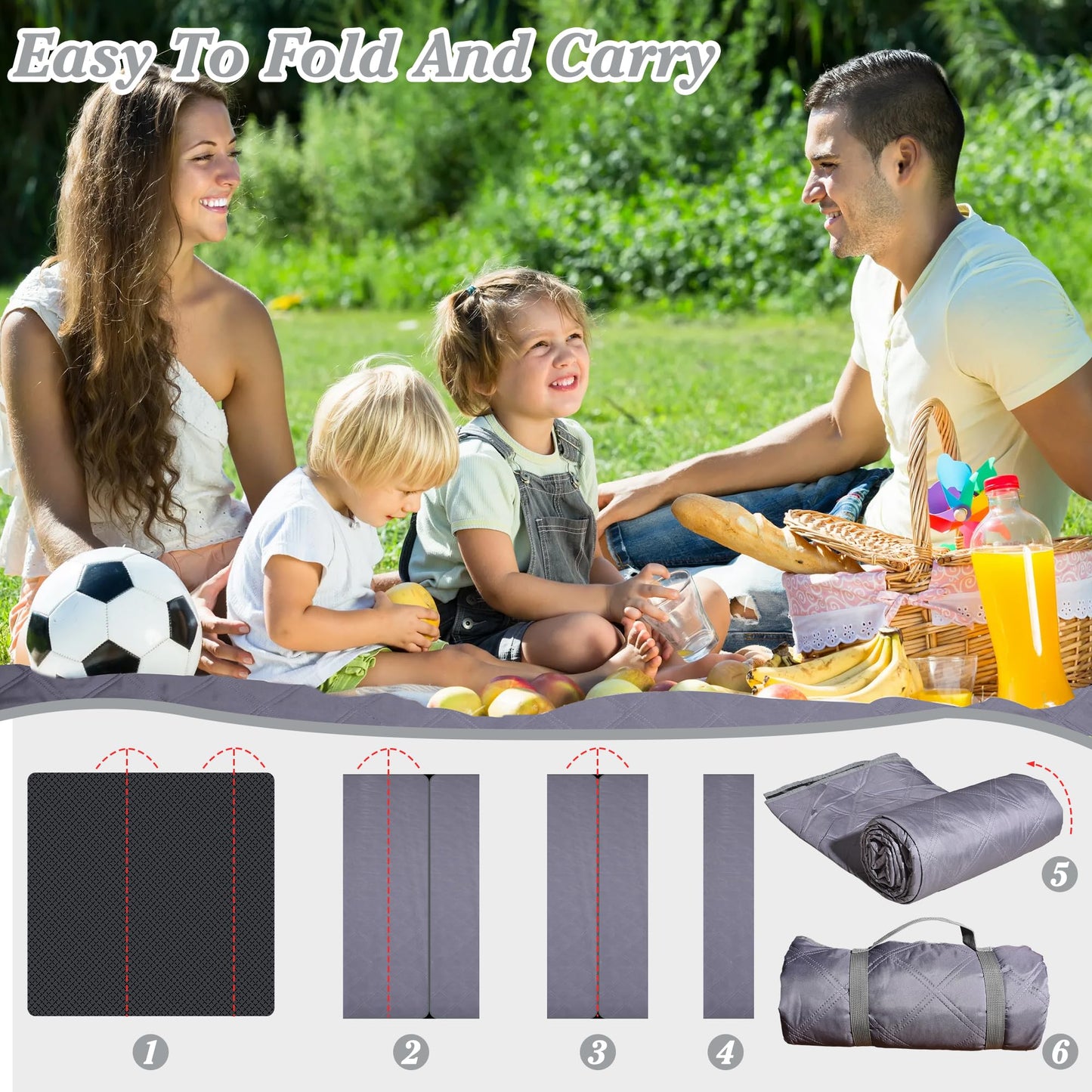 ALLBFENG Waterproof Picnic Blanket 80 * 60 in Portable with Carry Strap for Beach Mat or Family Outdoor Camping Party, Park Blanket for Grass Park, Hiking, Travel