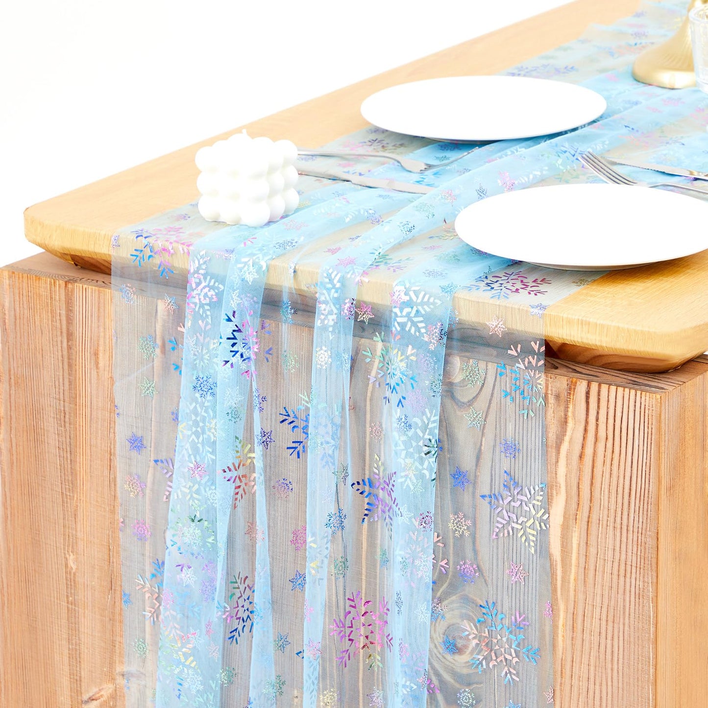 Windkream 2 Pack Blue Snowflake Table Runner 29x120 Inch Princess Theme Birthday Party Decorations Lace Tulle Table Decor Home Dining Room Kitchen Holiday Wedding Anniversary Veil Decor
