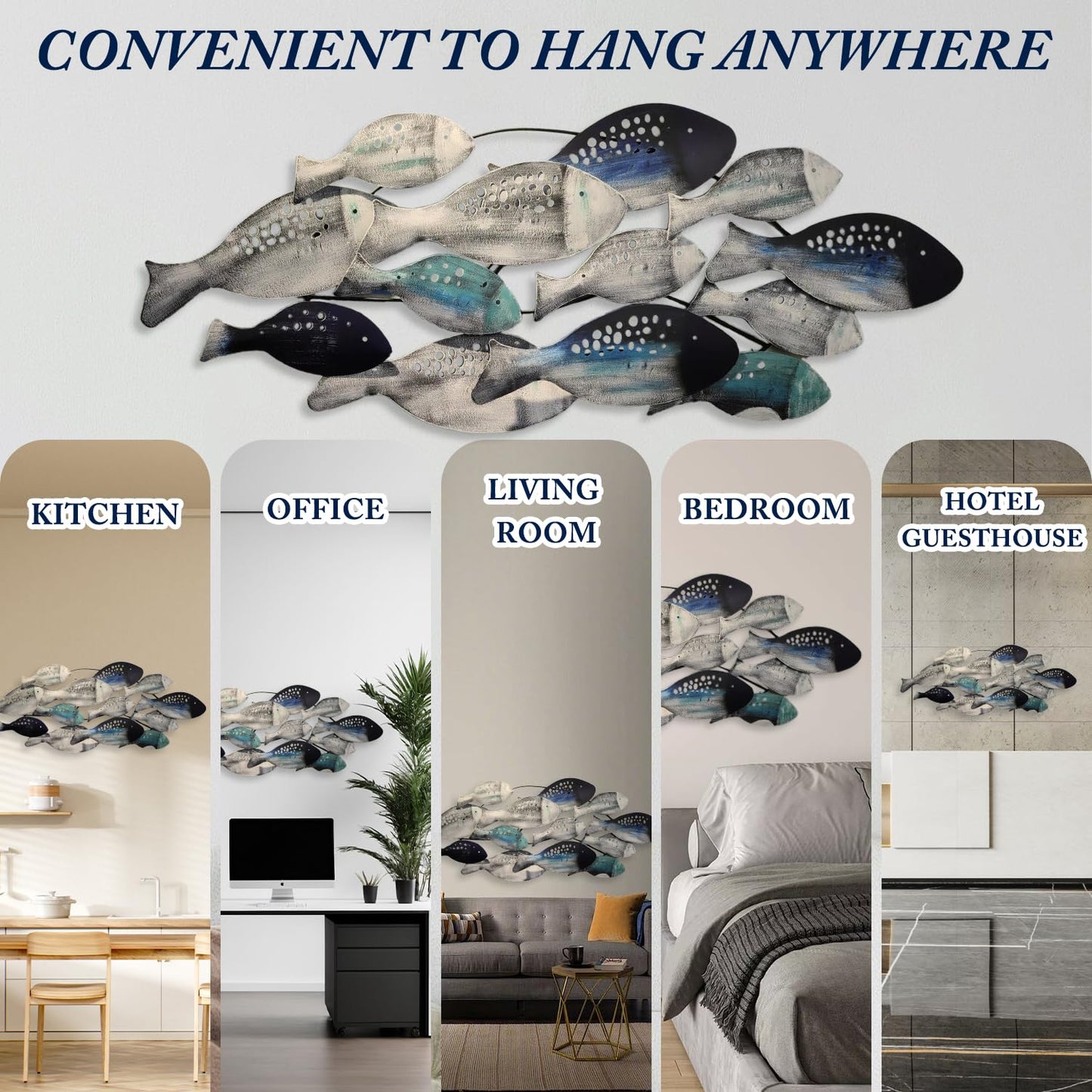 FMXYMC Coastal Ocean Metal 3D Fish Wall Sculpture, 50" x 20", Hand Painted Hanging Decoration for Living Room/Bedroom/Dining Room