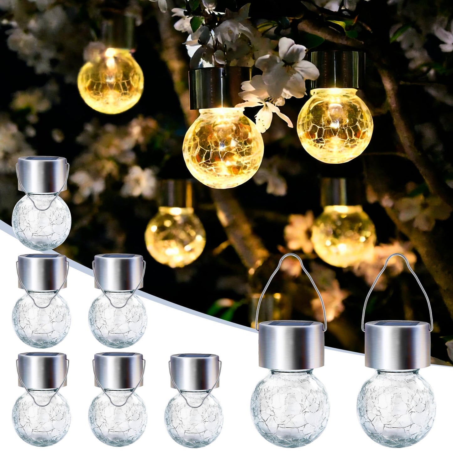 SOLPEX Hanging Solar Lights Outdoor, 8 Pack Decorative Cracked Glass Ball Light, Solar Powered Waterproof Globe Lighting, Hanging Globe Solar Lights for Garden, Yard, Patio, Lawn, Flower Bed