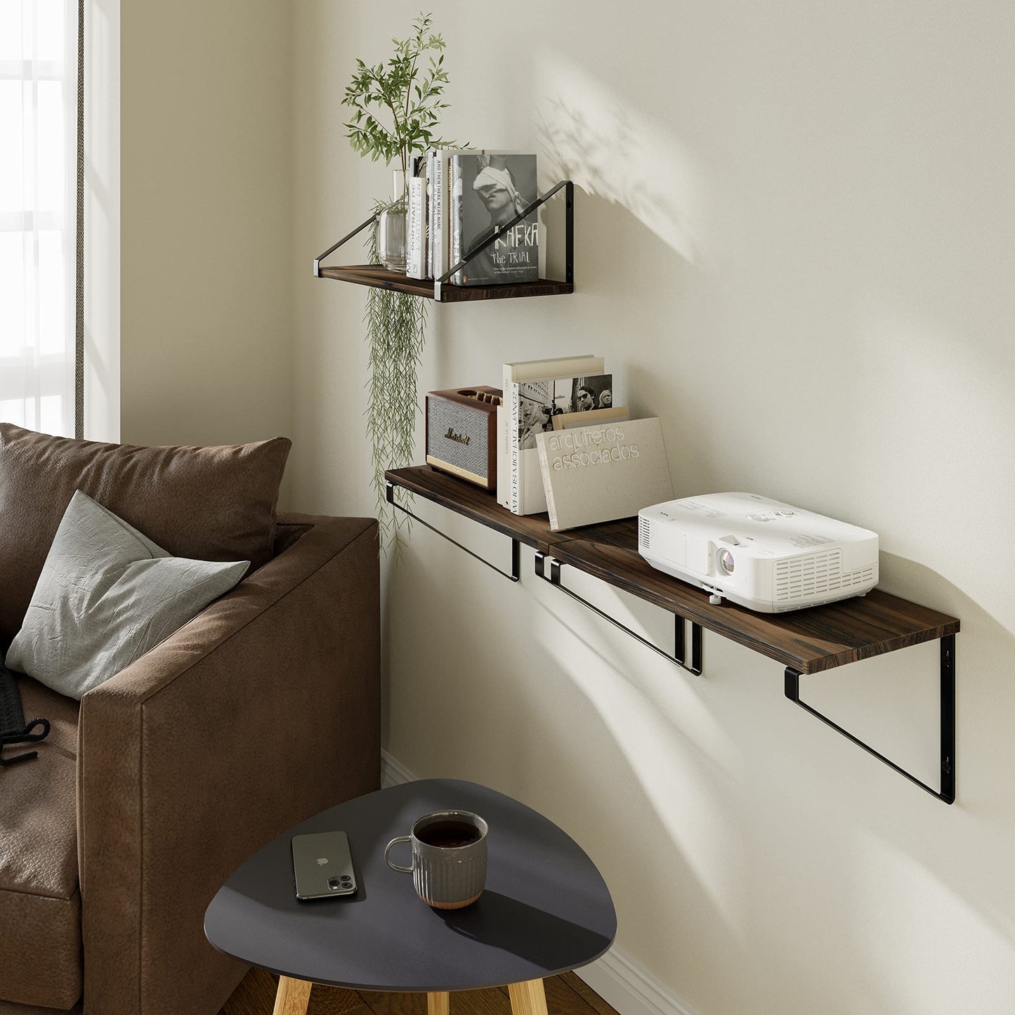 BAMEOS Floating Shelves Rustic Wood Wall Shelf, Small Bookshelf for Living Room, Office, Bedroom, with Metal Bracket