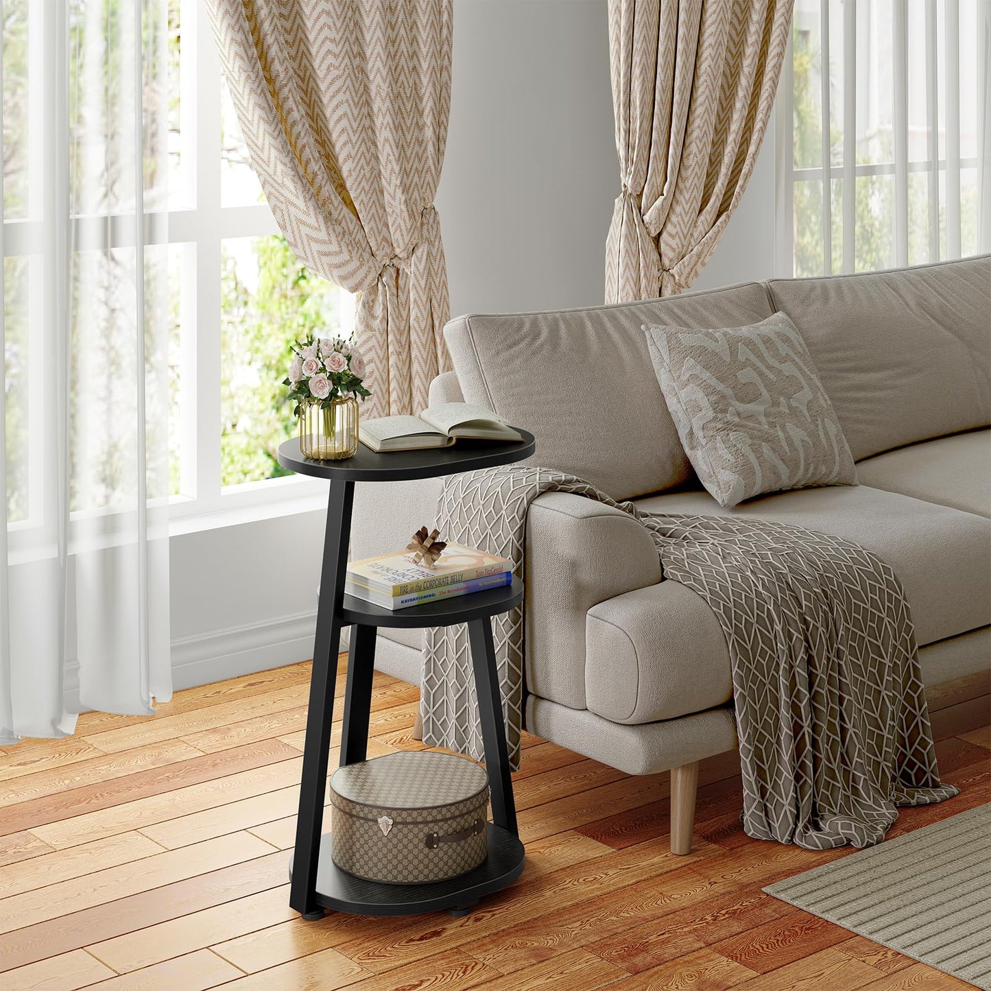 Kalrin Side Table, Small End Table with Metal Frame, 3-Tier Bedside Tables, Round Side Tables for Living Room Bedroom Couch Bathroom, Oval, Pure Black