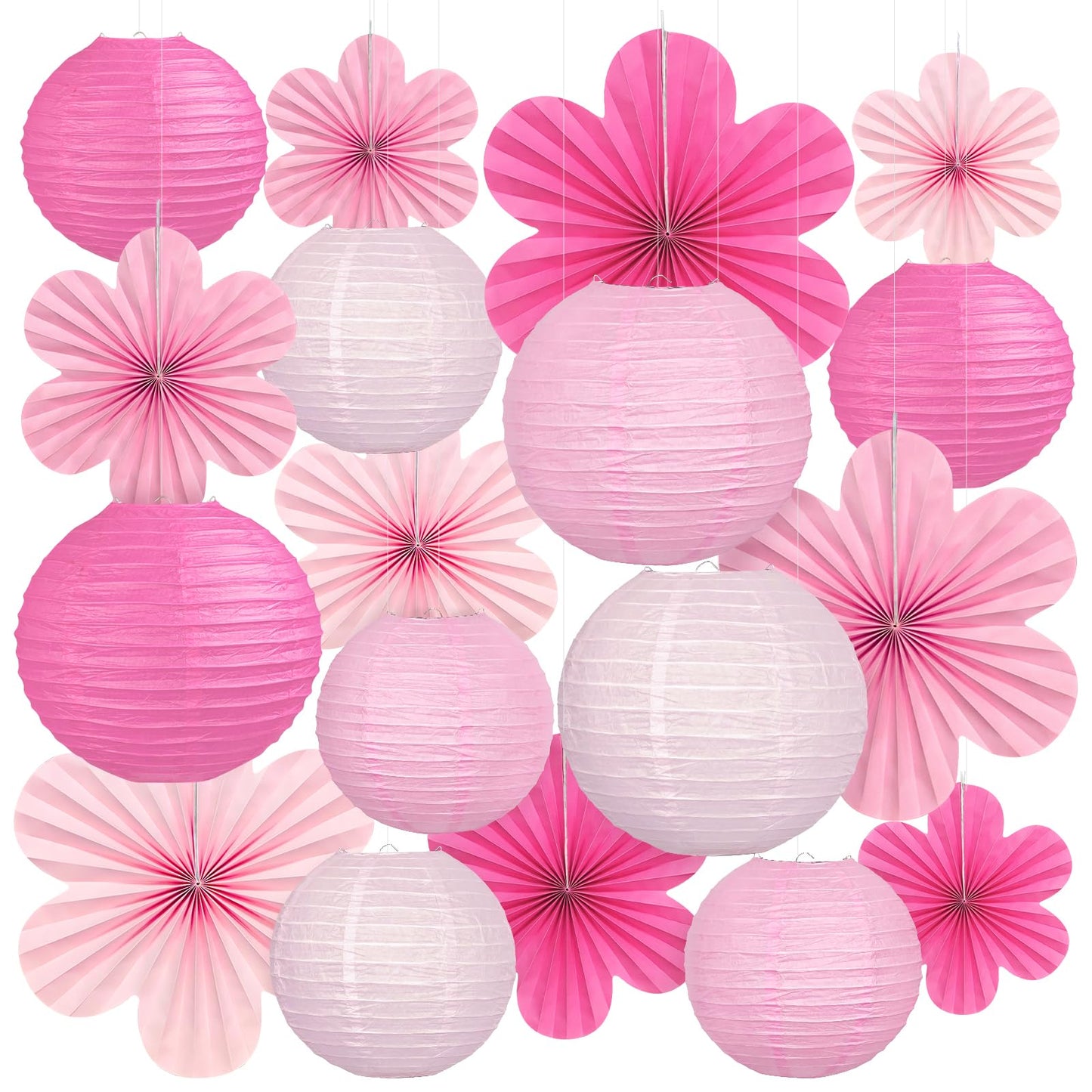 Pink Party Decorations, 18Pcs Hot Pink Hanging Paper Lanterns & Flower Fans 8"-14" for Girls Birthday, Bridal Shower, Wedding, Bachelorette, Girls Night, Graduation Party Decor