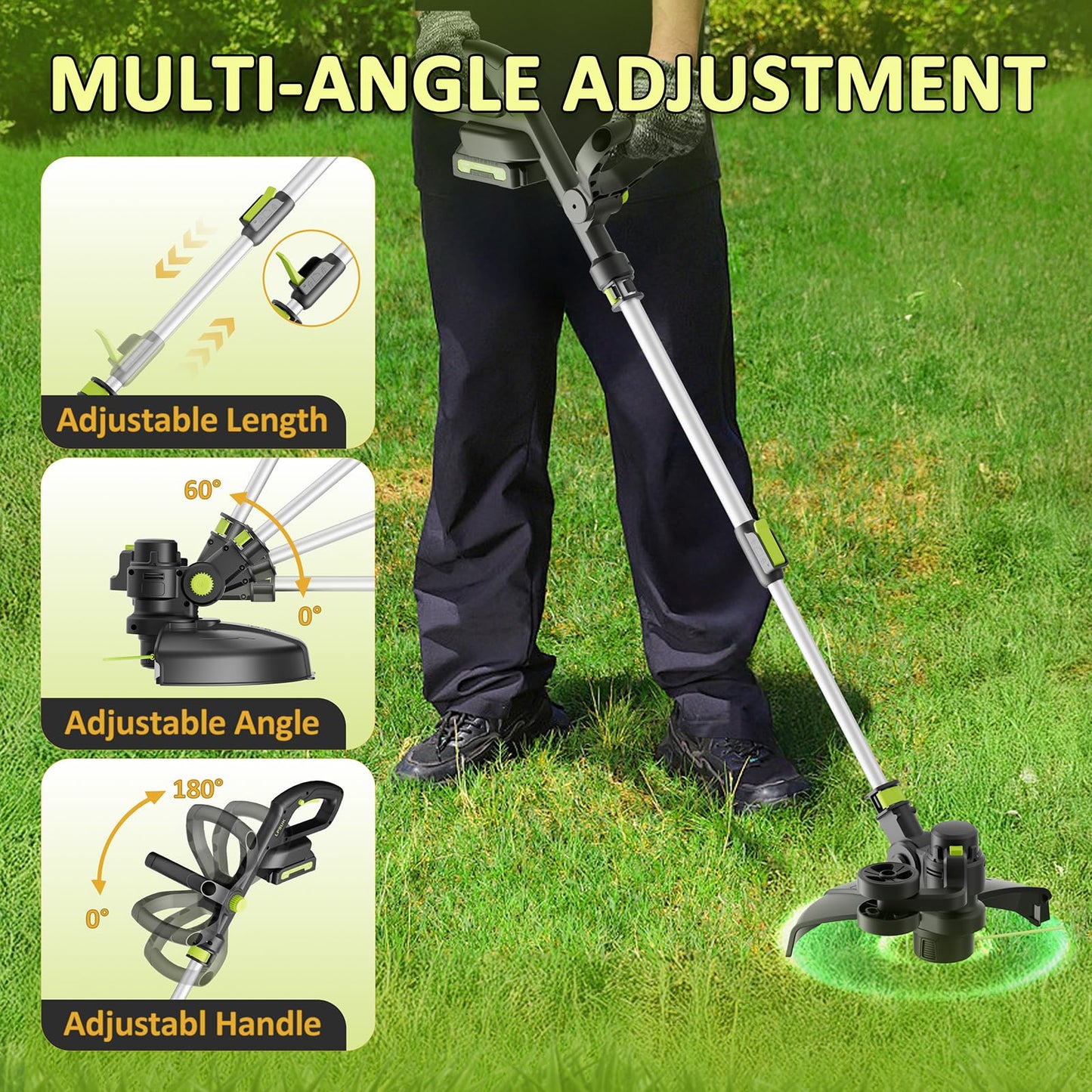 20V Cordless String Trimmer, Two 2.0Ah Battery Powered with Fast Charger, 12'' Grass Cutter with Auto Line Feed, 3-in-1 Electric Lawn Mower Grass Trimmer&Edger Lawn Tool with 8 Lines for Yard, Garden
