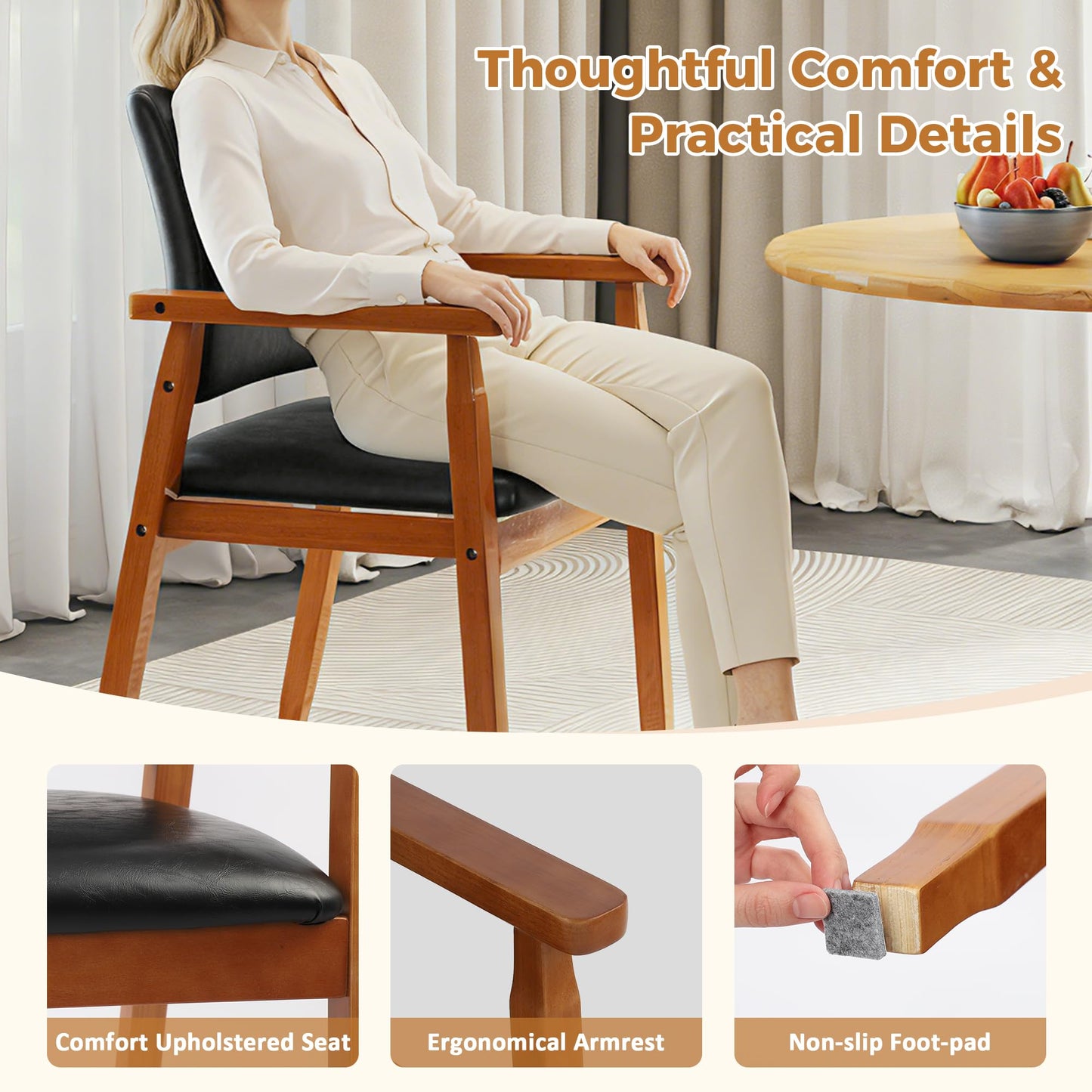 NOBPEINT Mid-Century Modern Dining Chairs with Armrest Set of 1, PU Leather Upholstered Dining Room Chairs with Solid Wood Frame, Walnut Kitchen Armchairs for Kitchen Living Room Restaurant, Black