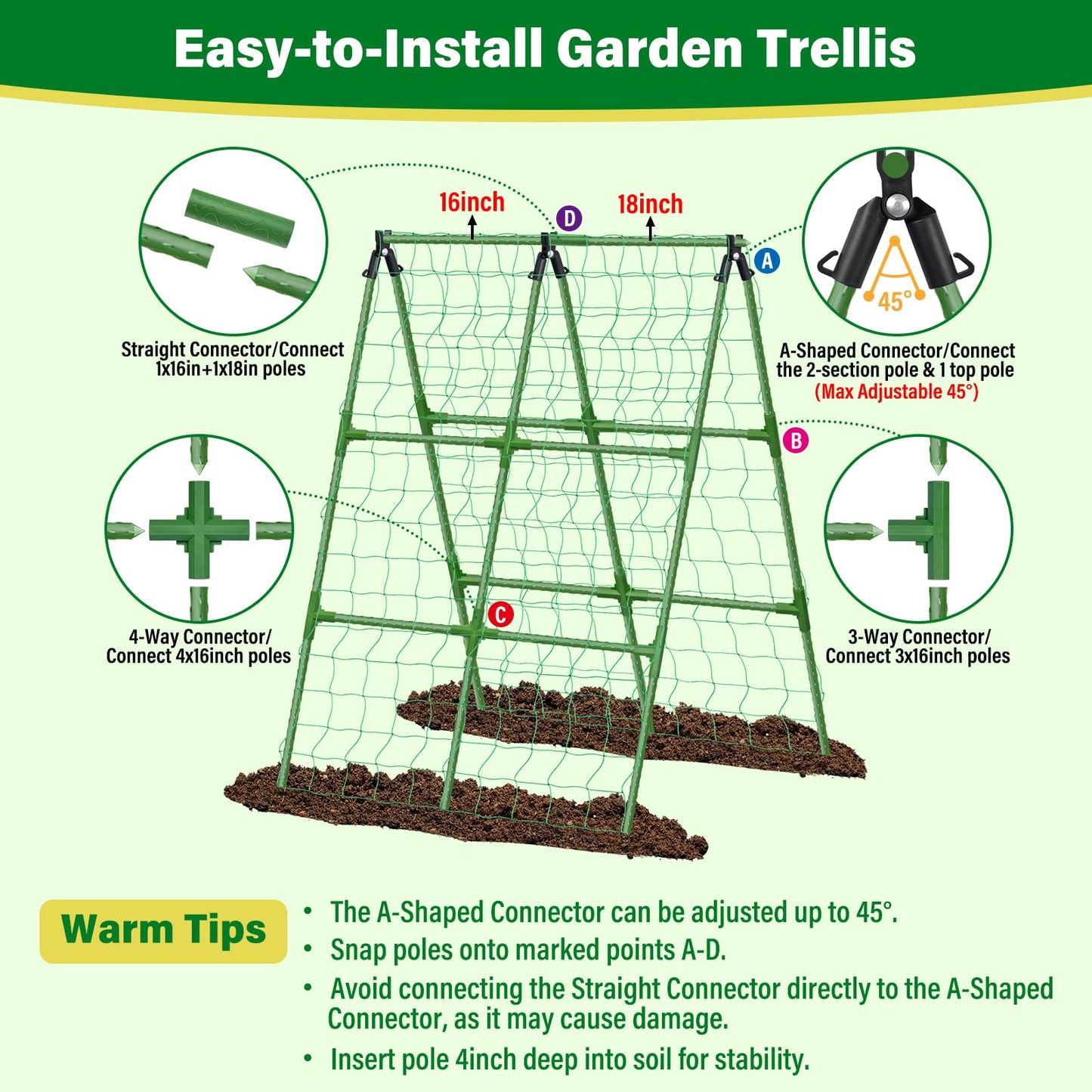 Sunwinx 35x51 Inch Cucumber Trellis for Raised Bed, Adjustable A-Frame Garden Trellis for Climbing Plants Outdoor with Climbing Net, Meal Plant Trellis for Vegetables Pea Bean Tomato Squash Grape