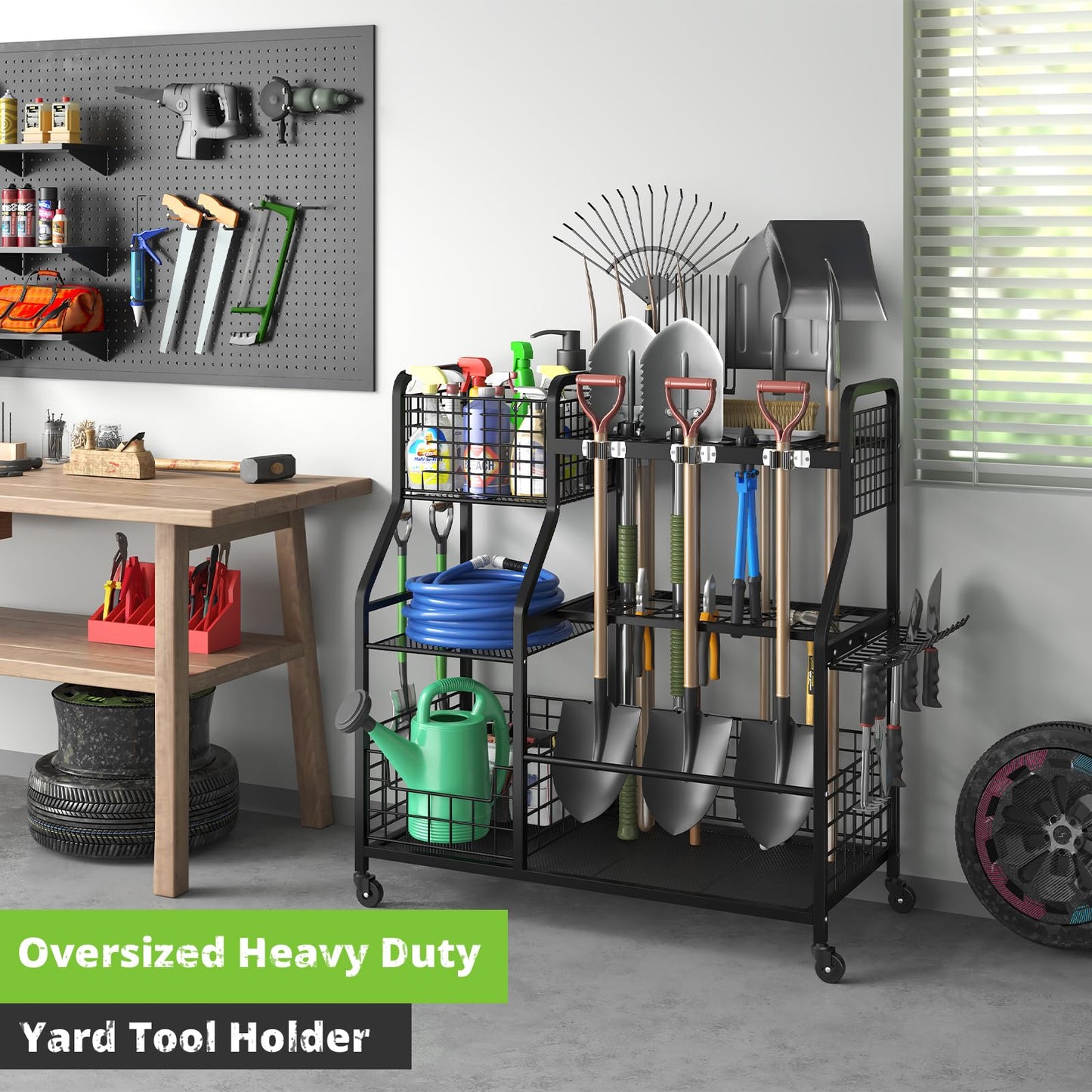 keomaisyto Garden Tool Organizer with Heavy Duty Wheels for Garage - with 2 Baskets, Large Yard Tool Organizer and Storage Holder, Utility Garden Tool Rack for/Shed/Garage/Yard/Basement/Lawn