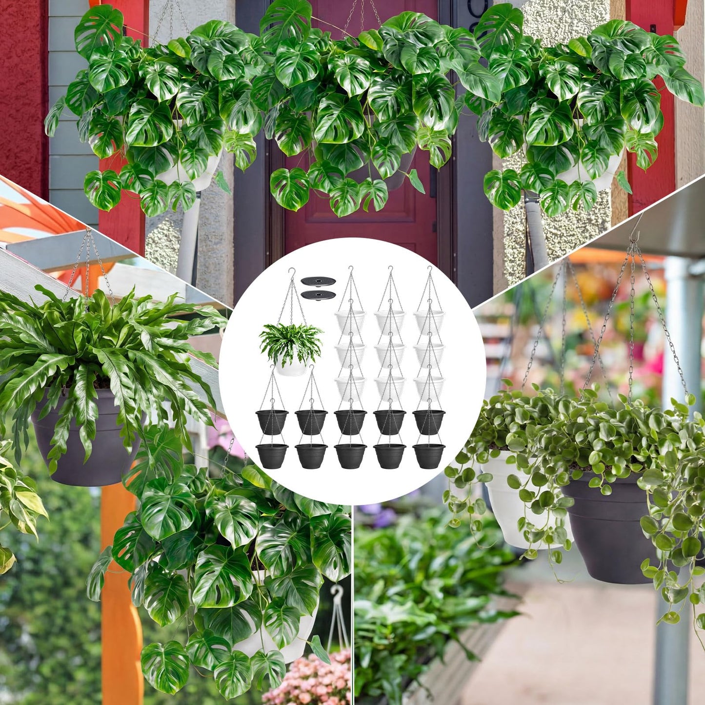 Romooa 40 Pcs 10 Inch Plastic Self Watering Hanging Planters Bulk Hanging Baskets for Plants Indoor Outdoor with Drainage Holes and Chain Plant Pot for Garden, Balcony, Porch, Patio Decor