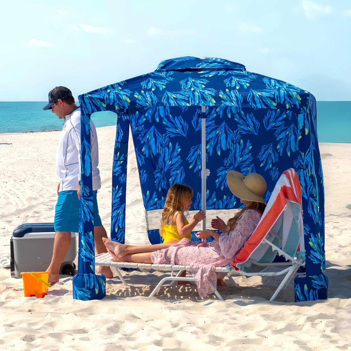 AMMSUN Beach Cabana, 6.5'×6.5' Beach Canopy, Easy Set up and Take Down, Cabana Tent with Sand Pockets, Instant Sun Shade with Side Wall, Coral Tropical