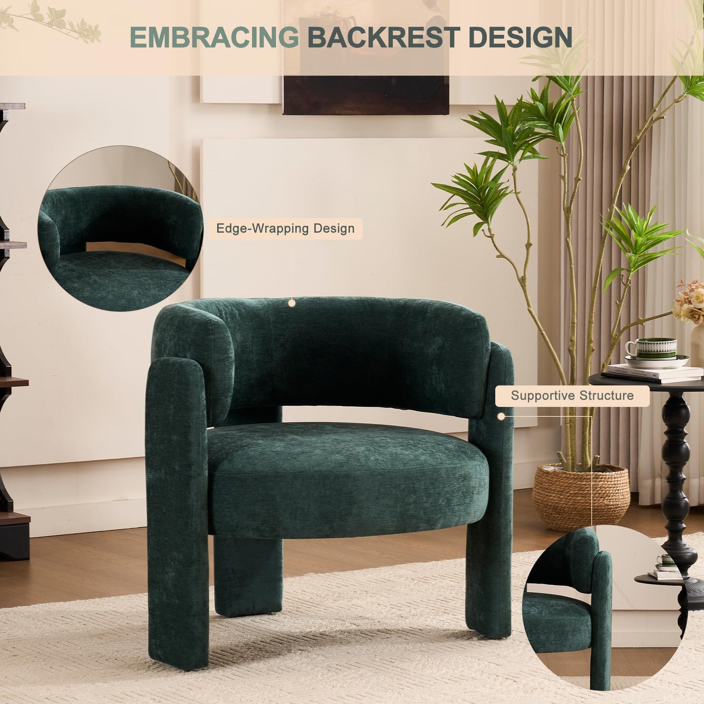 ENYLAY Modern Accent Barrel Chair,Mid Century Single Armchair with Curved Backrest Upholstered Side Reading Chair with 3 Legs Comfy Sherpa Chair for Bedroom Home Office Living Room (Green, Set of 1)