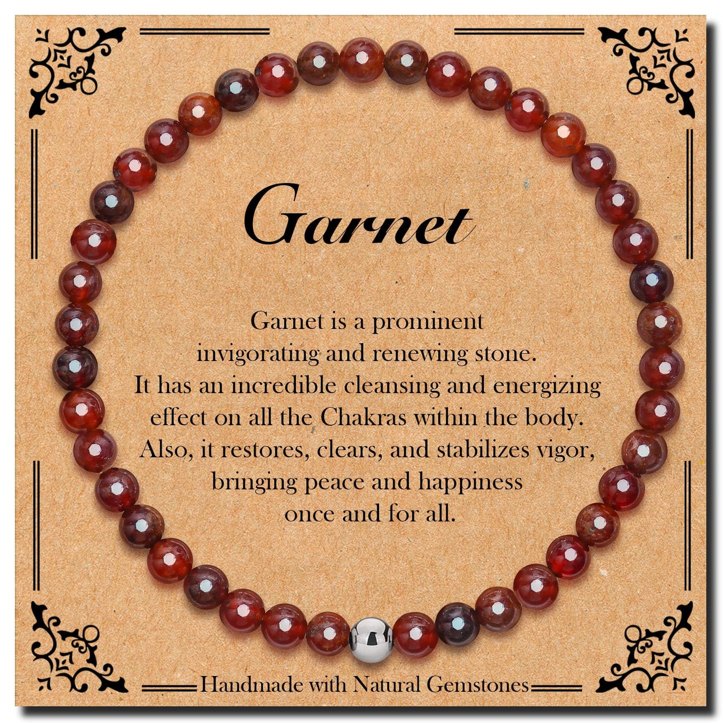 BONNY BOXX 4mm Natural Stretch Orange Garnet Bracelet for Unisex, Handmade Elastic Healing Crystal Gemstone Bracelet Yoga Stress Relief Gift for Men Women