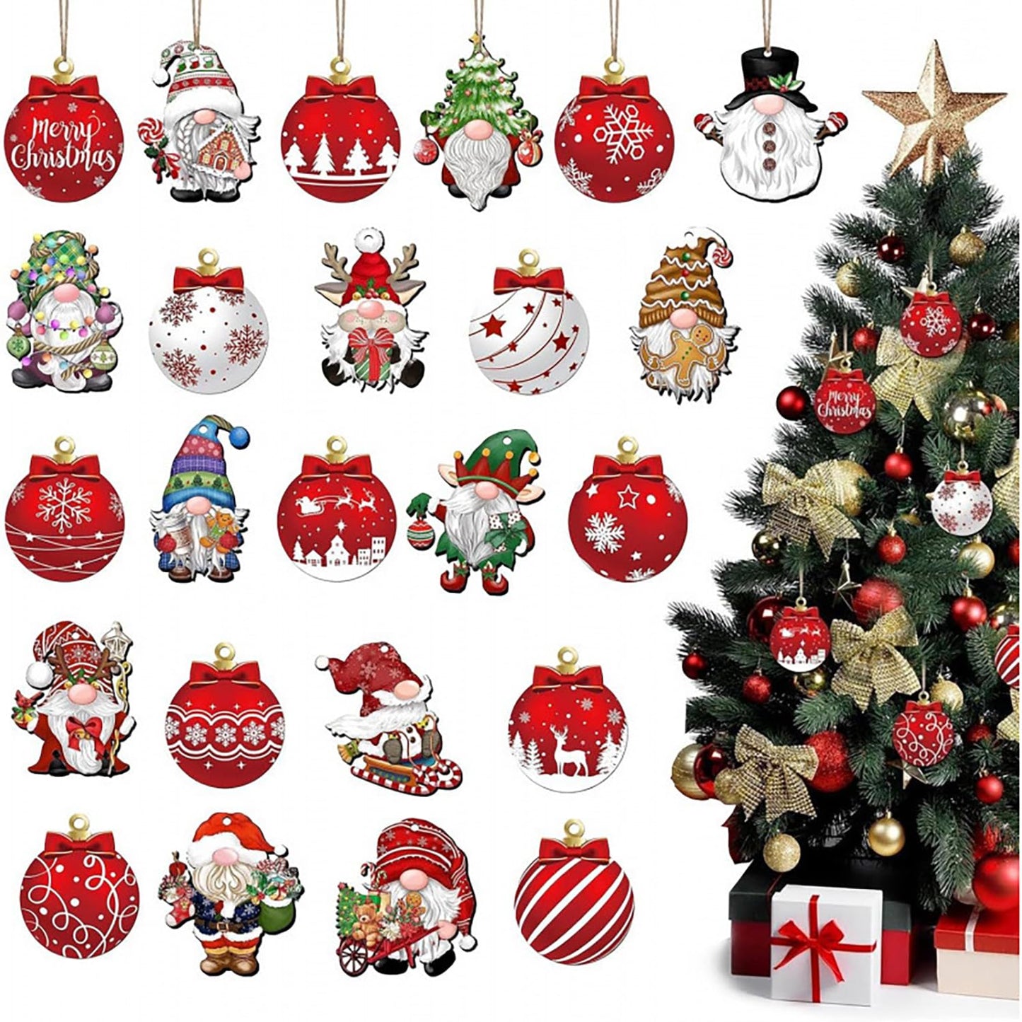 24Pcs Christmas Tree Decorations Set Christmas Dwarf Wooden Hanging Ornaments Red Christmas Ball Design Christmas Ornaments for Tree Winter Home Decoration Holiday Party DIY Crafts