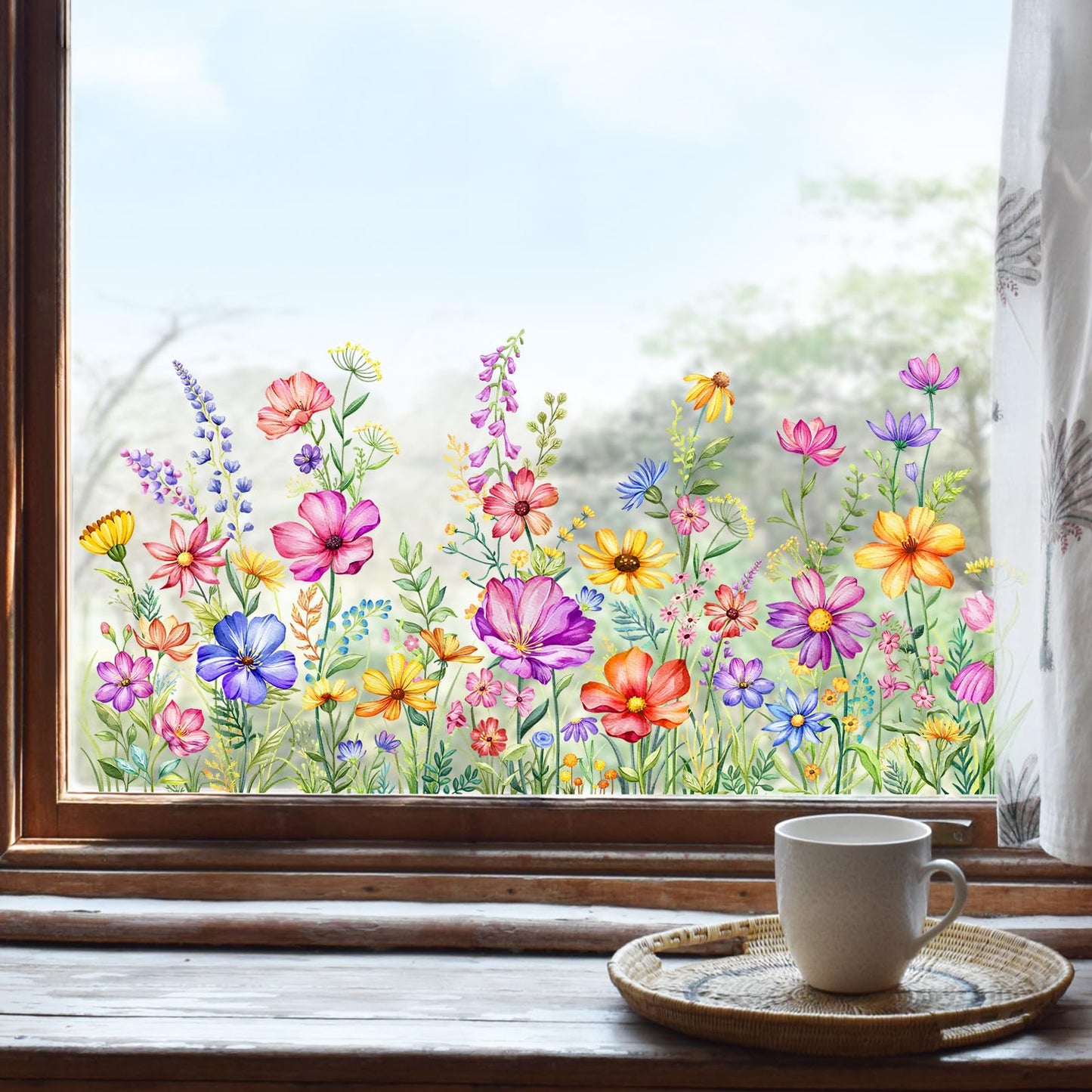 2 Sheets Wildflower Static Window Clings Colorful Spring Summer Floral Window Stickers Double-Sided Anti-Collision Glass Door Mirror Decals