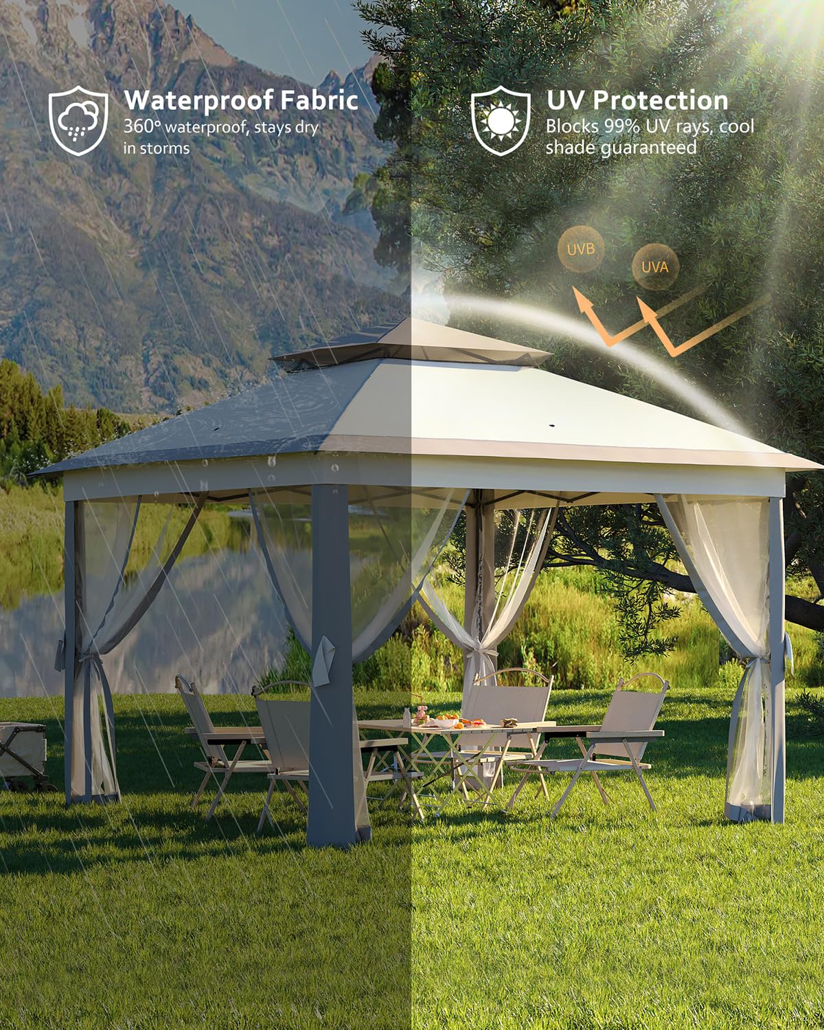 Garveelife 11x11 Pop Up Gazebo Tent with Mosquito Netting, Outdoor Canopy Shelter Easy Setup, Water & UV Resistant - Grey