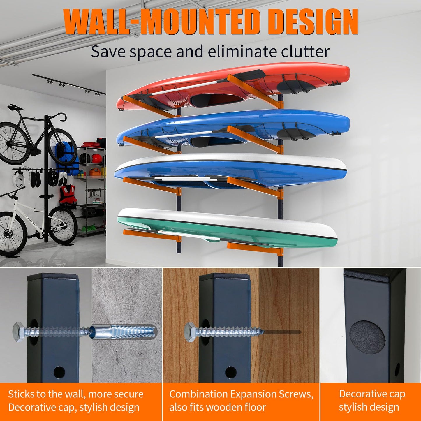 UOKRR Kayak Storage Rack, Wall Mount Kayak Racks for Indoor Outdoor Storage, Heavy Duty Adjustable Kayak Rack for Garage, Spacesaver (4 Kayaks, Wall Mount)