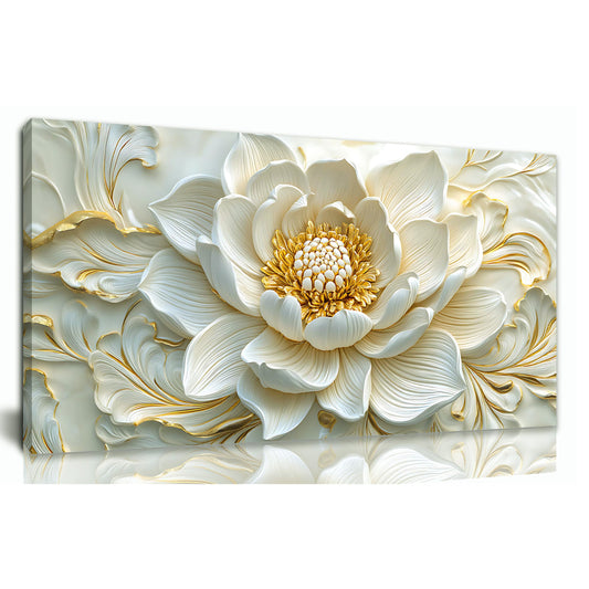 SSNEEKNDG White Floral Wall Art for Living Room Gold Flower Picture Large Botanical Artwork for Bedroom Office Canvas Prints Ready to Hang 20"x40"