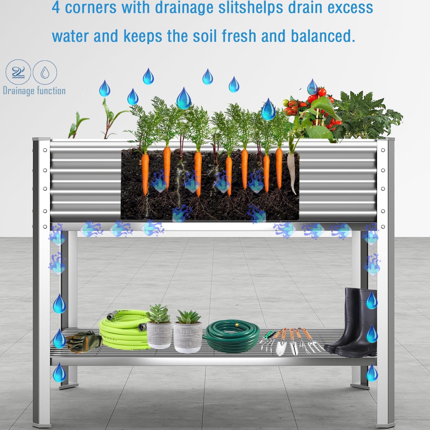 COATTOA Raised Garden Bed with Legs, Galvanized Raised Planter Box with Storage Shelf and Drainage Holes, 48×24×32 Inch Large Metal Garden Bed Kit for Balcony, Backyard, Patio Lasts for Years of Use.