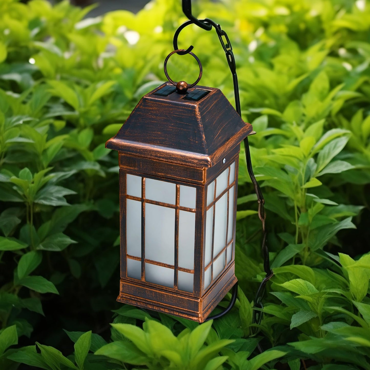 anyperfect 15.5" Solar Lantern Outdoor Waterproof, Glass Flickering Flame Solar Lanterns, Hanging Metal Lantern Decorative for Patio Front Porch Garden Backyard Tabletop Party Decoration