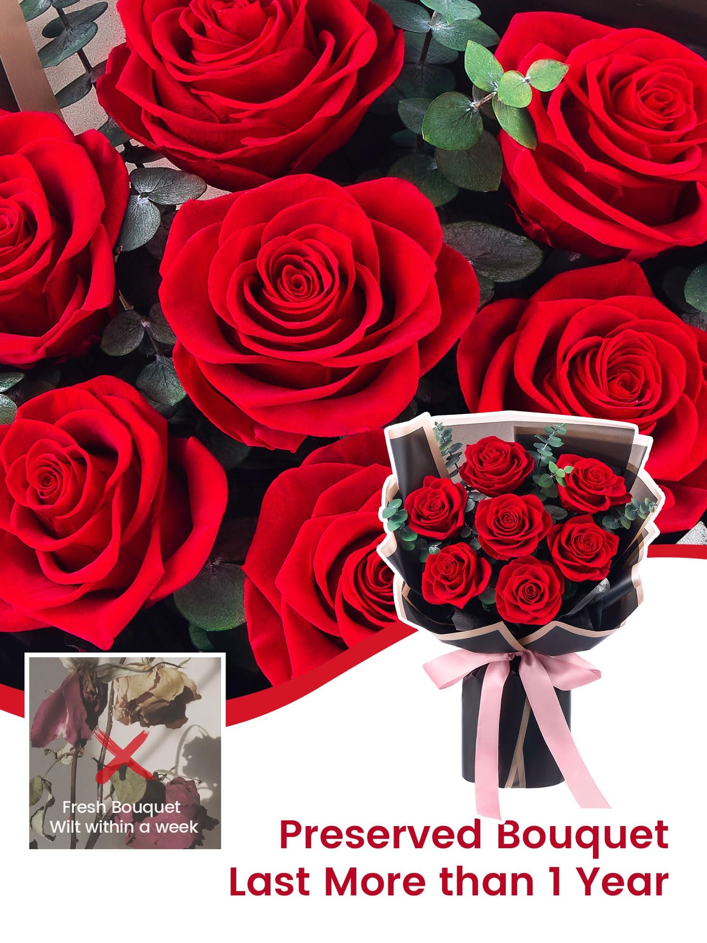 Mosstory Flower Bouquet Flowers for Delivery Prime 7-Piece Preserved Roses Bouquet Gift for Women Mother Wife Mother Day Wedding Anniversary Birthday (Red Roses)