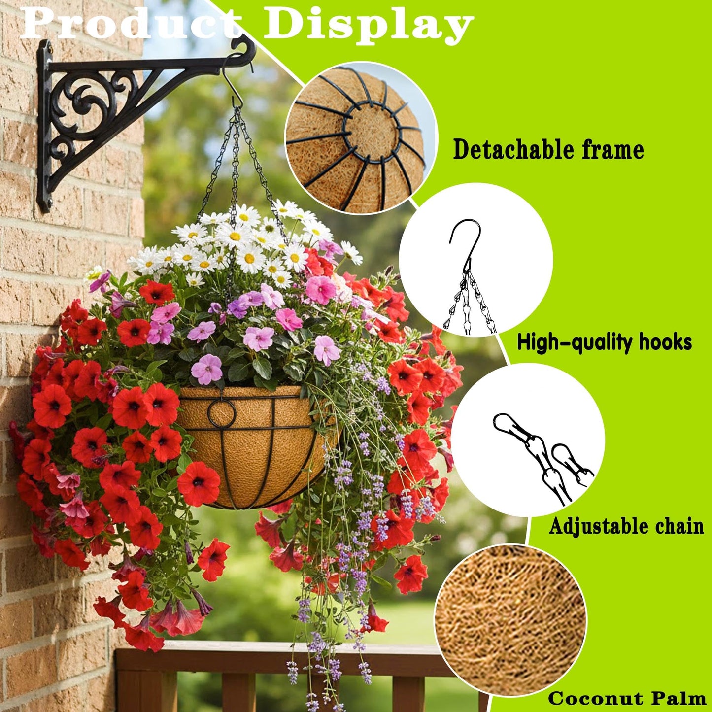 JFFLYIT 4 Pack 14" Round Metal Hanging Basket for Outdoor Plants Durable Large Hanging Planter with Coco Coir Round Plant Holders Planter for Outside Garden Decoration (Circular)