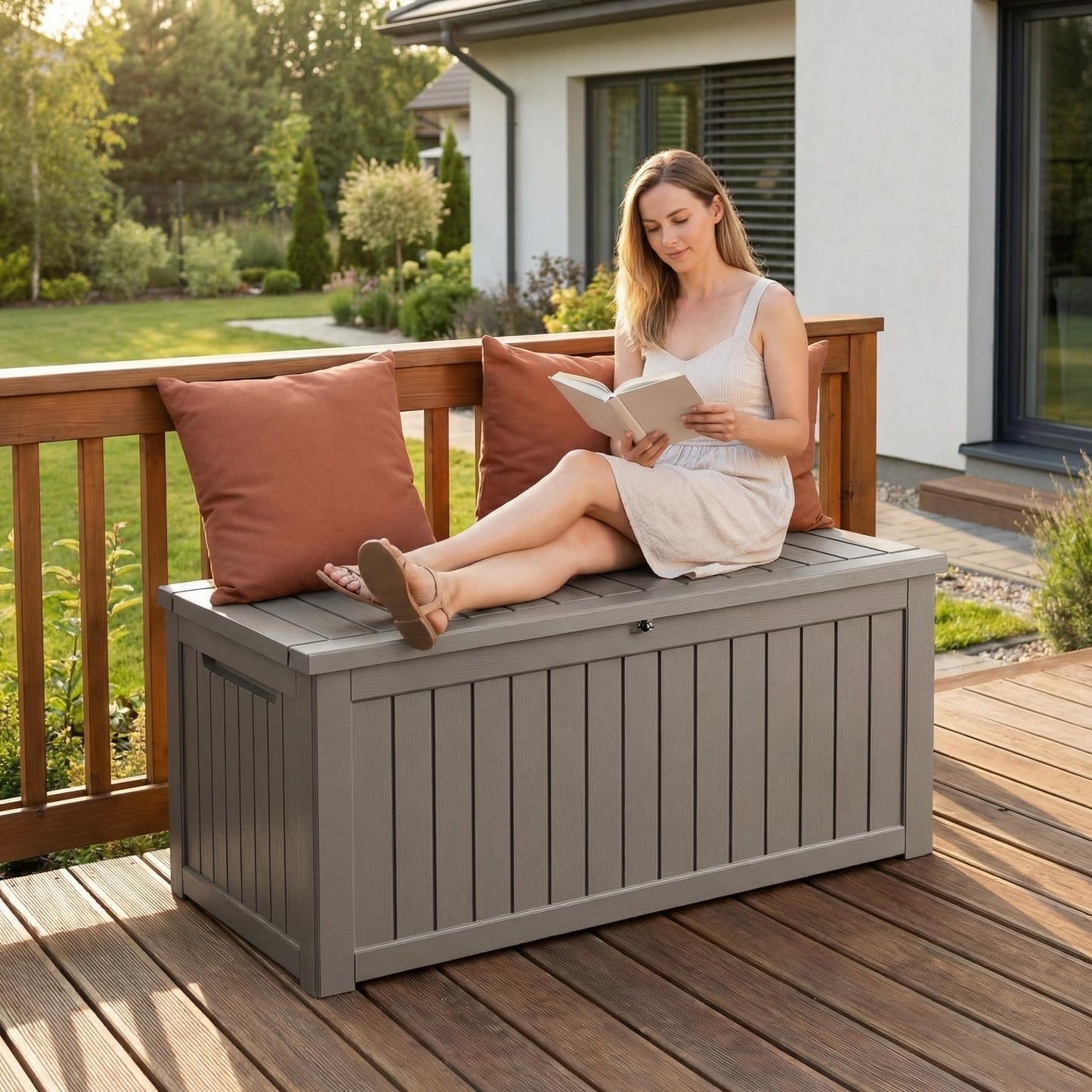 Large 231 Gallon Resin Deck Box, Heavy Duty Lockable Patio Storage Box Outdoor, Waterproof Tool Box for Garden Furniture Cushions & Pool Supplies, Wood Grain Outdoor Storage Bench for Backyard