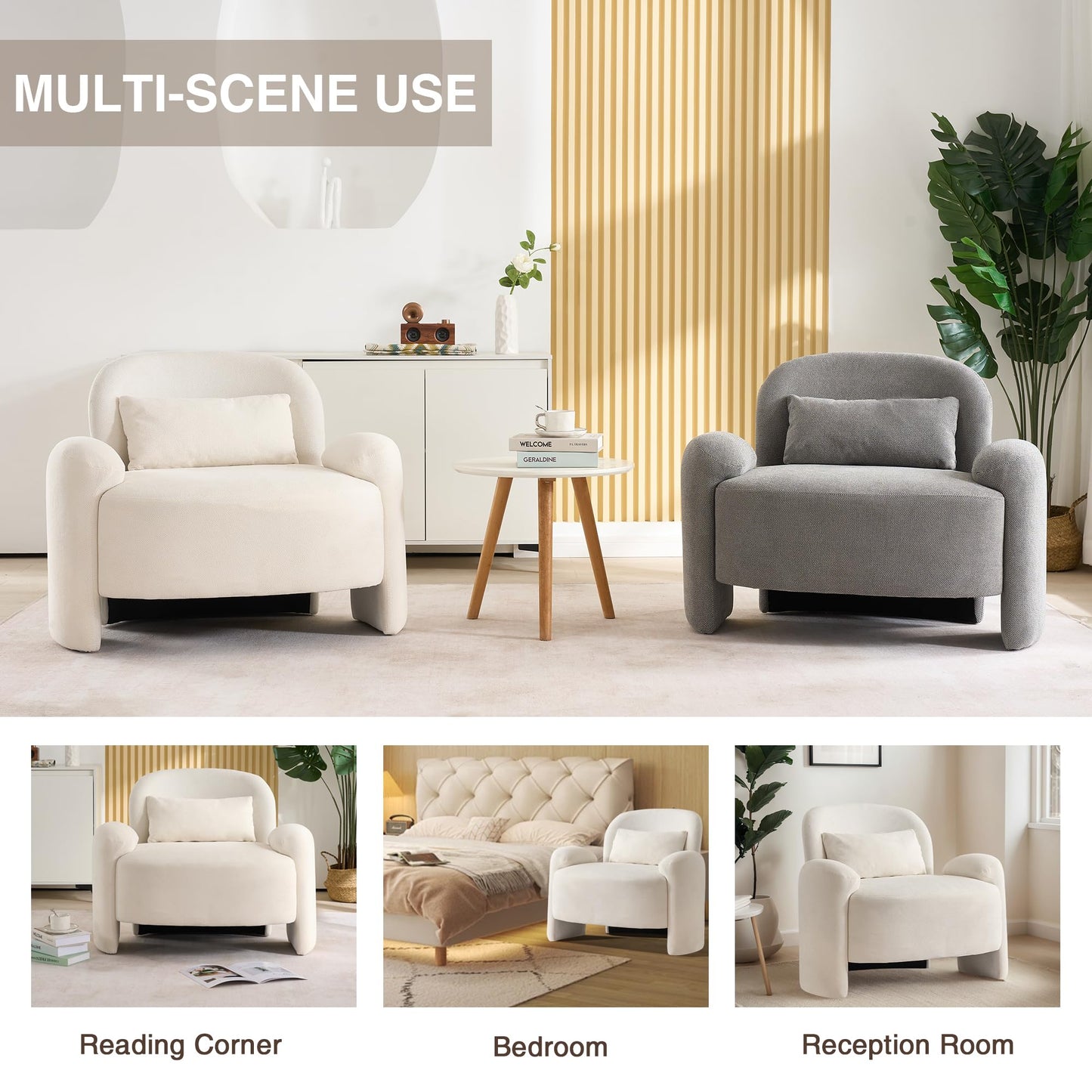 LOULENS Oversized Accent Chair, Modern Linen Fabric Lounge Armchair for Living Room, Upholstered Comfy Reading Single Sofa Chair for Bedroom, Waiting Room, Corner, Office, Beige