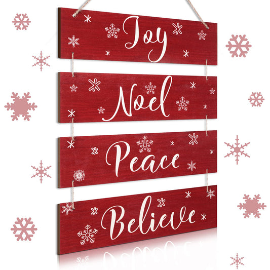 4 Rustic Christmas Decorations Christmas Wooden Wall Decor Christmas Vintage Joy Noel Peace Believe Signs Ornaments Snowflakes Wooden Hanging Plaque for Living Room Bedroom (Red, Snowflake)
