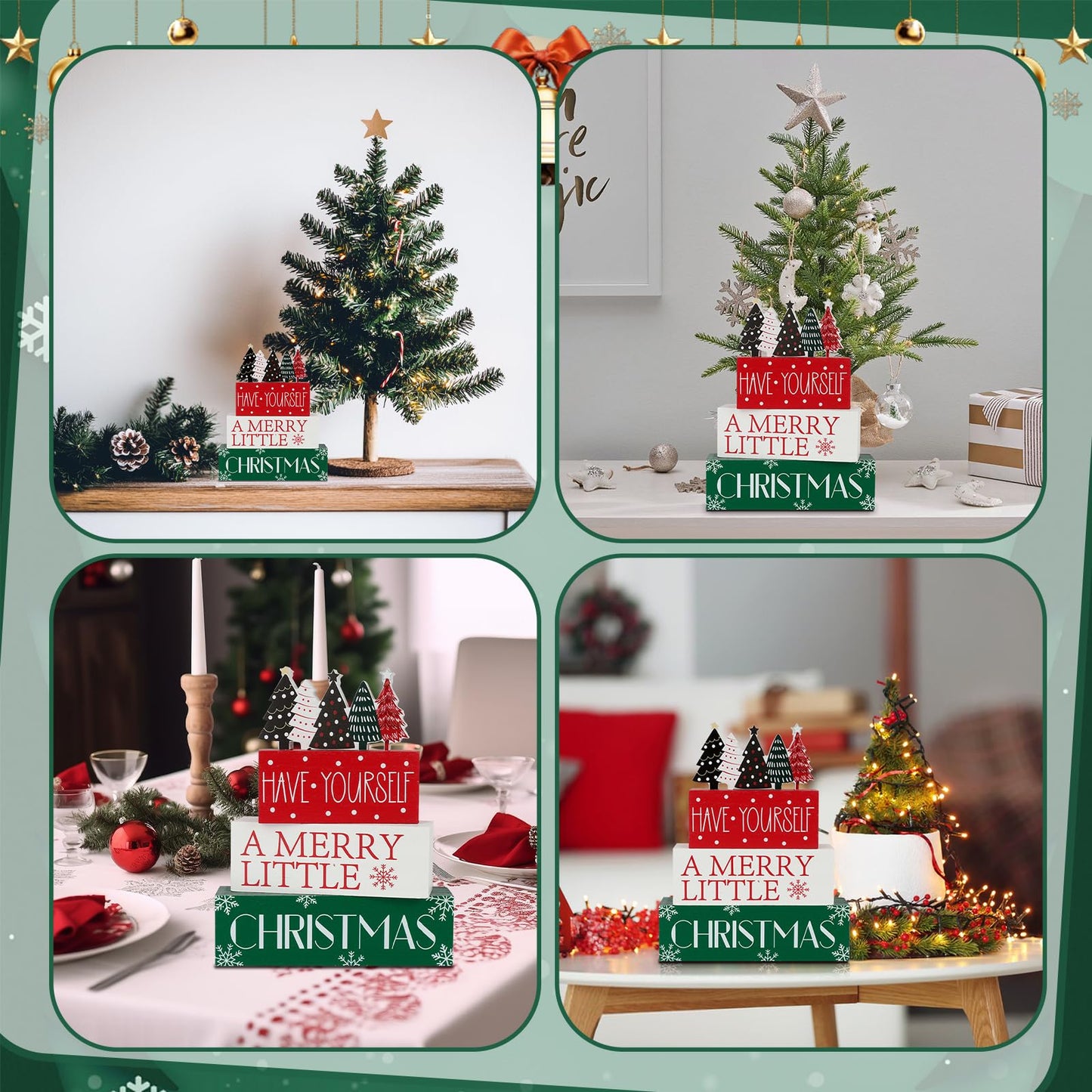 4 Pcs Christmas Table Decor Christmas Tree Wooden Table Decorations Winter Tiered Tray Decor Centerpieces Rustic Decorative Tree Block Signs Gift Xmas Sign for Home kitchen Shelf