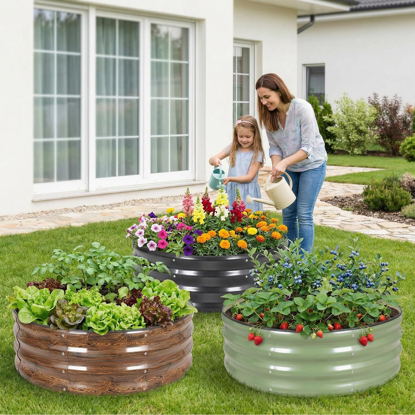Permade Galvanized Raised Garden Bed- 2Pcs 3x3x1FT Metal Planter Boxes Outdoor | Round Steel Raised Bed Kit & Fire Pit Ring for Gardening with Protective Tape, Gloves for Vegetables, Flower (Green)
