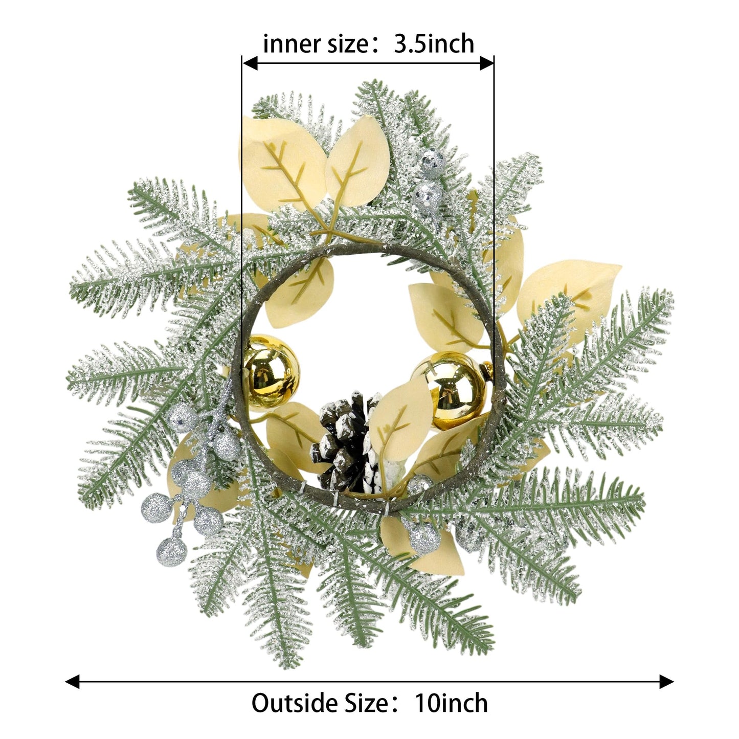 Christmas Candle Rings Wreath,8in Small Wreaths for Kitchen Cabinet with Balls,Pine Cones,Pine Needles and Berries for Home Christmas Table Centerpiece Decorations (6, Gold)