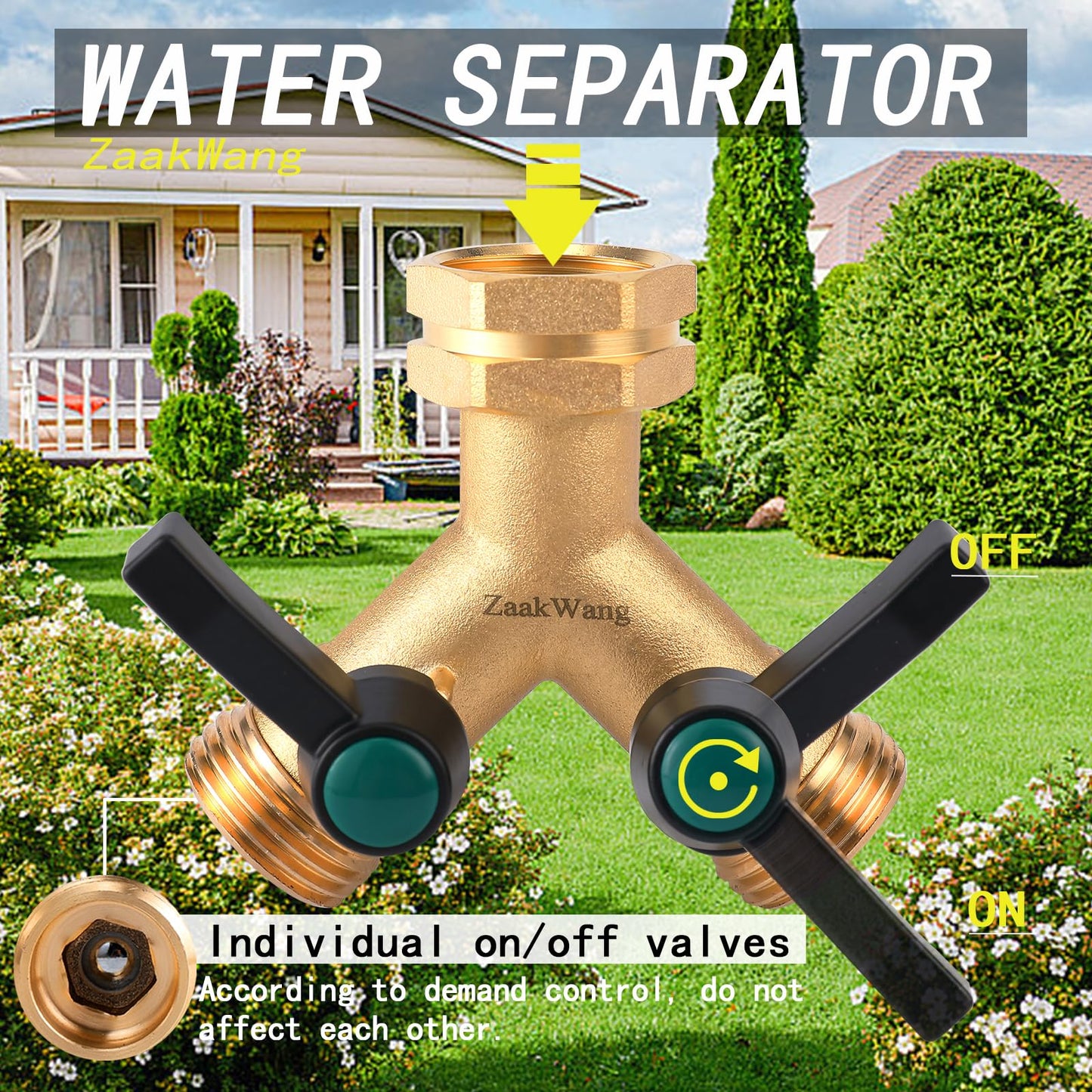 Heavy Duty Solid Brass Y-Way Distributor, 3/4" GHT Thickened Hexagonal Water Inlet, Garden Faucet Splitter, Hose Splitter with 2 More Colors Comfortable Extension Handles.