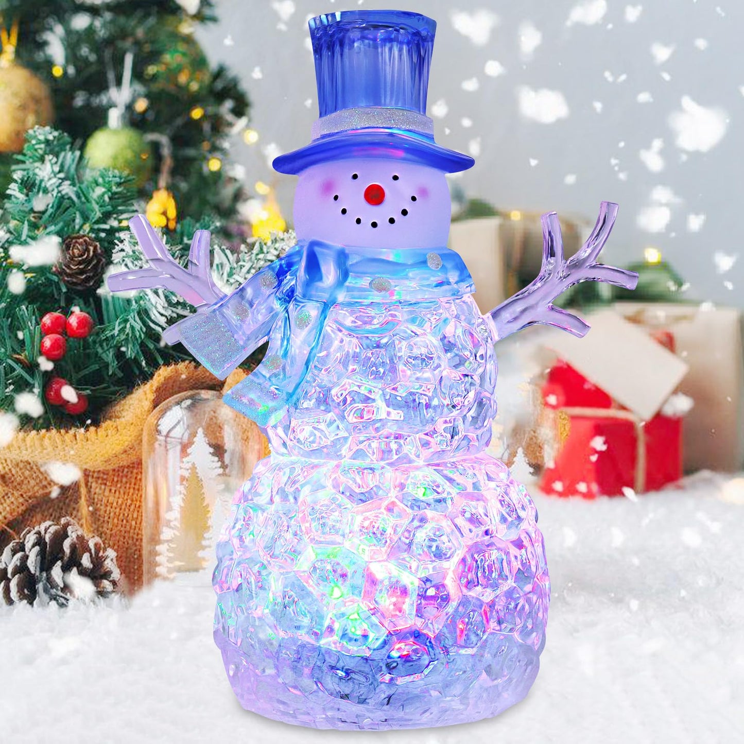 Snowman Christmas Decoration LED Lighted Snowman Figurines with 6H Timer 3 AAA Battery Operated Christmas Acrylic Snowman Decorations for Indoor Holiday Tabletop Decorations Gifts (Blue Hat)
