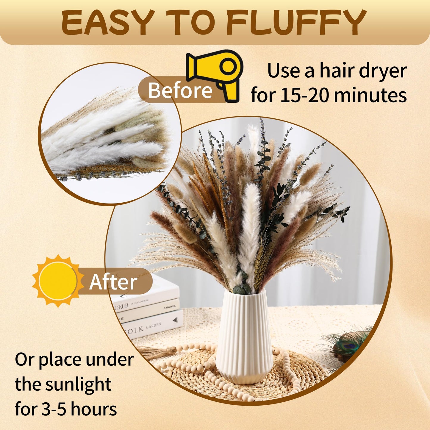 Bpole Dried Pampas Grass Bouquet - 92 Pcs 11-13 inch Pampas Grass Decor with Bunny Tails,Eucalyptus & Lavender Dried Boho Flowers for Vase Wedding Home Table Decor,Rustic Farmhouse Party