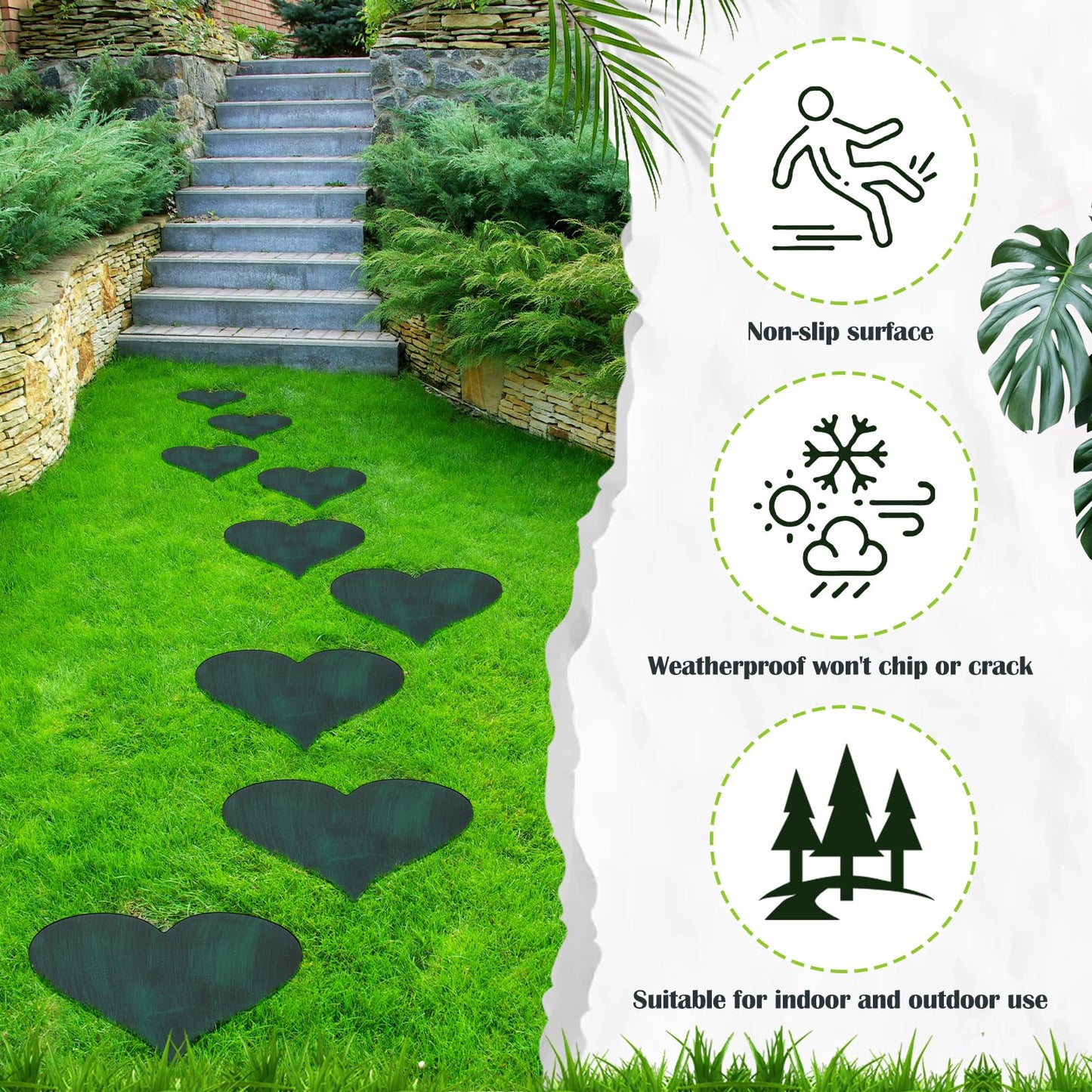 Tandefio 3 Pcs Heart Garden Stepping Stones Brown Cast Iron Stepping Stones Rustic Style Outdoor Stones for Garden Walkway Outside Decorative Decor, 12 Inches (Green)